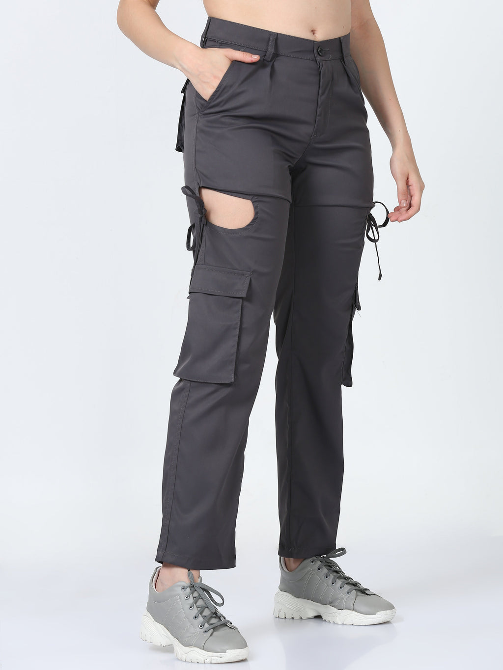 Women Dual Pocket Slashed Trousers-Grey