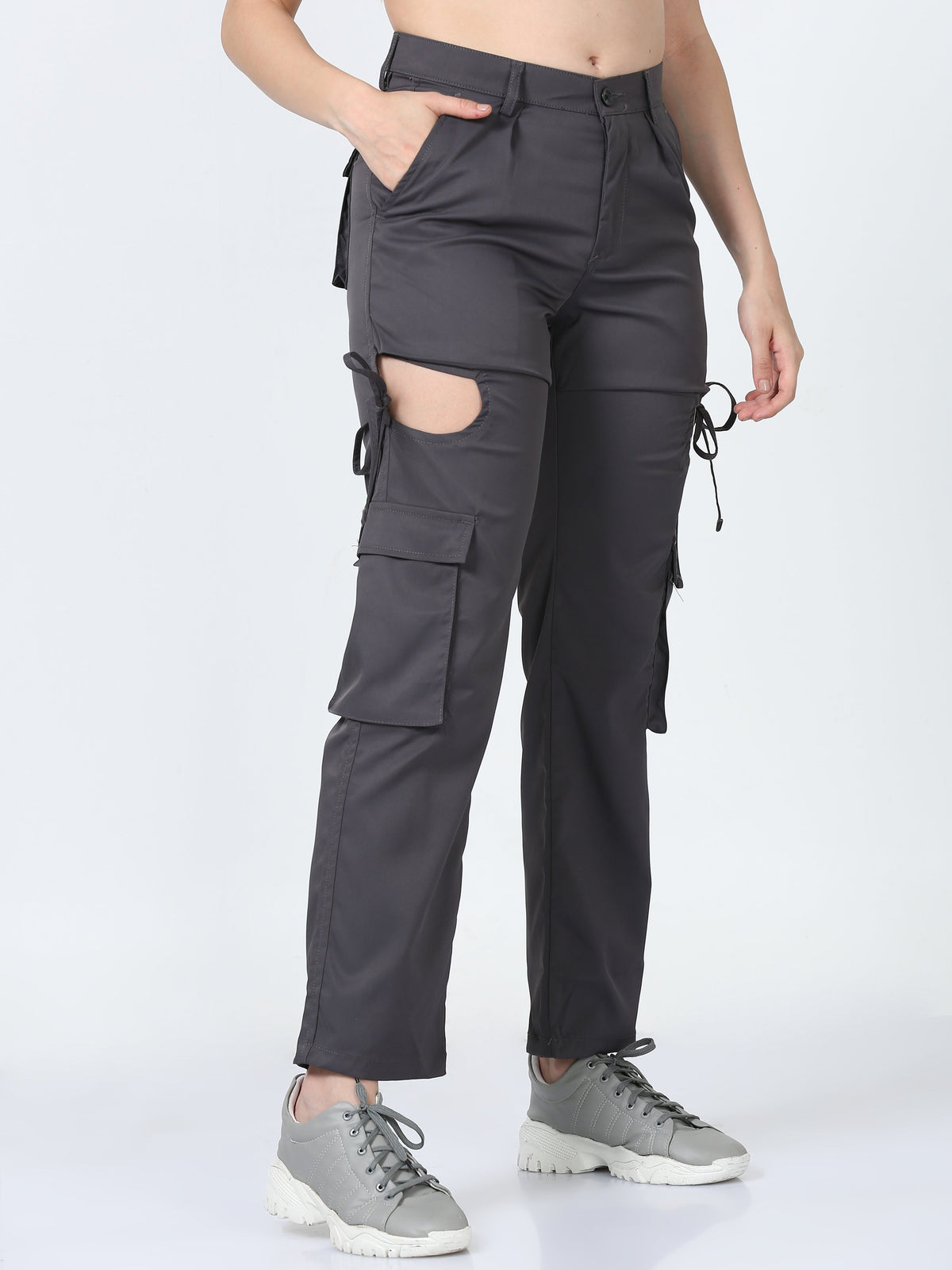 Women Dual Pocket Slashed Trousers-Grey