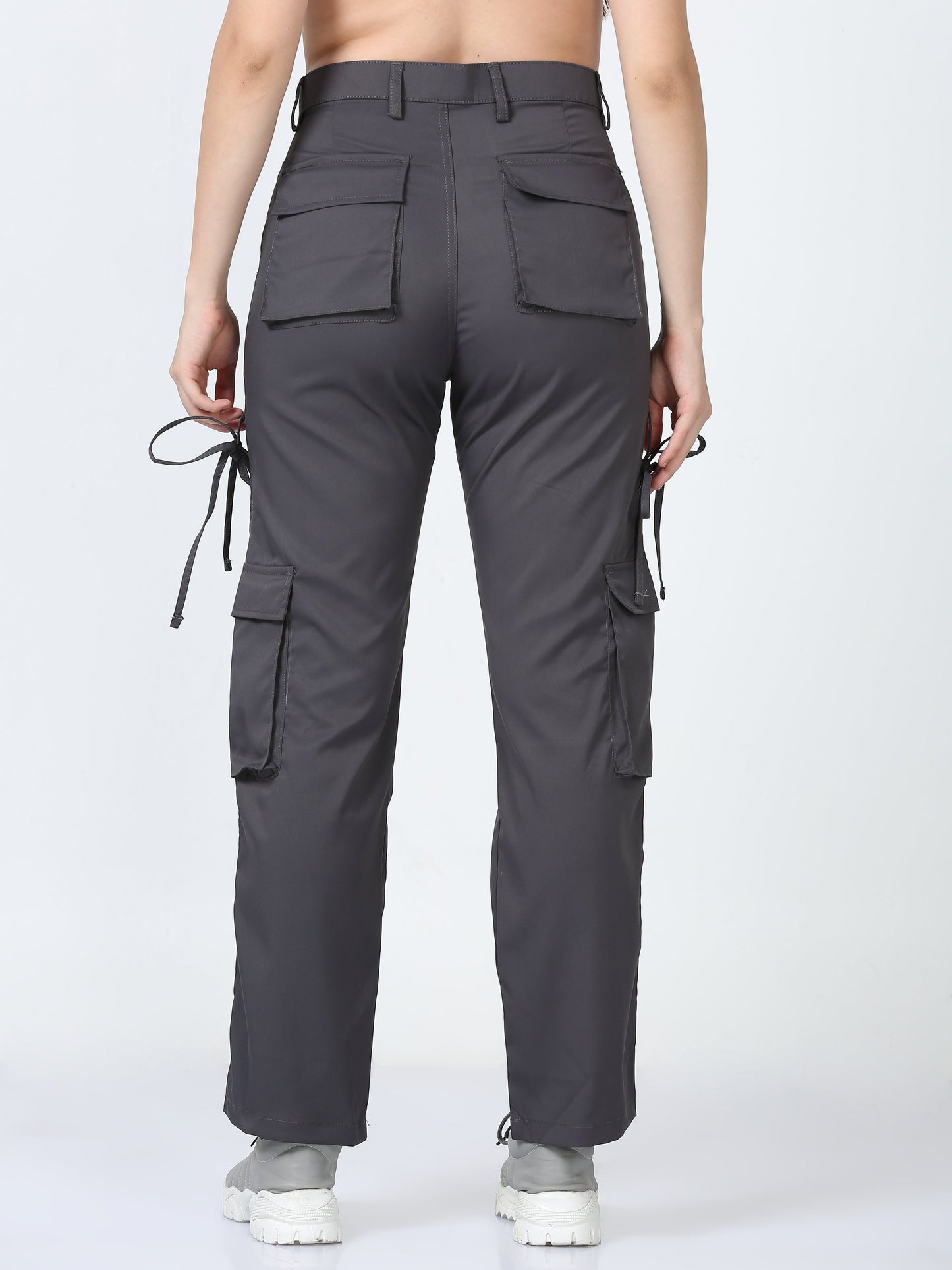 Women Dual Pocket Slashed Trousers-Grey