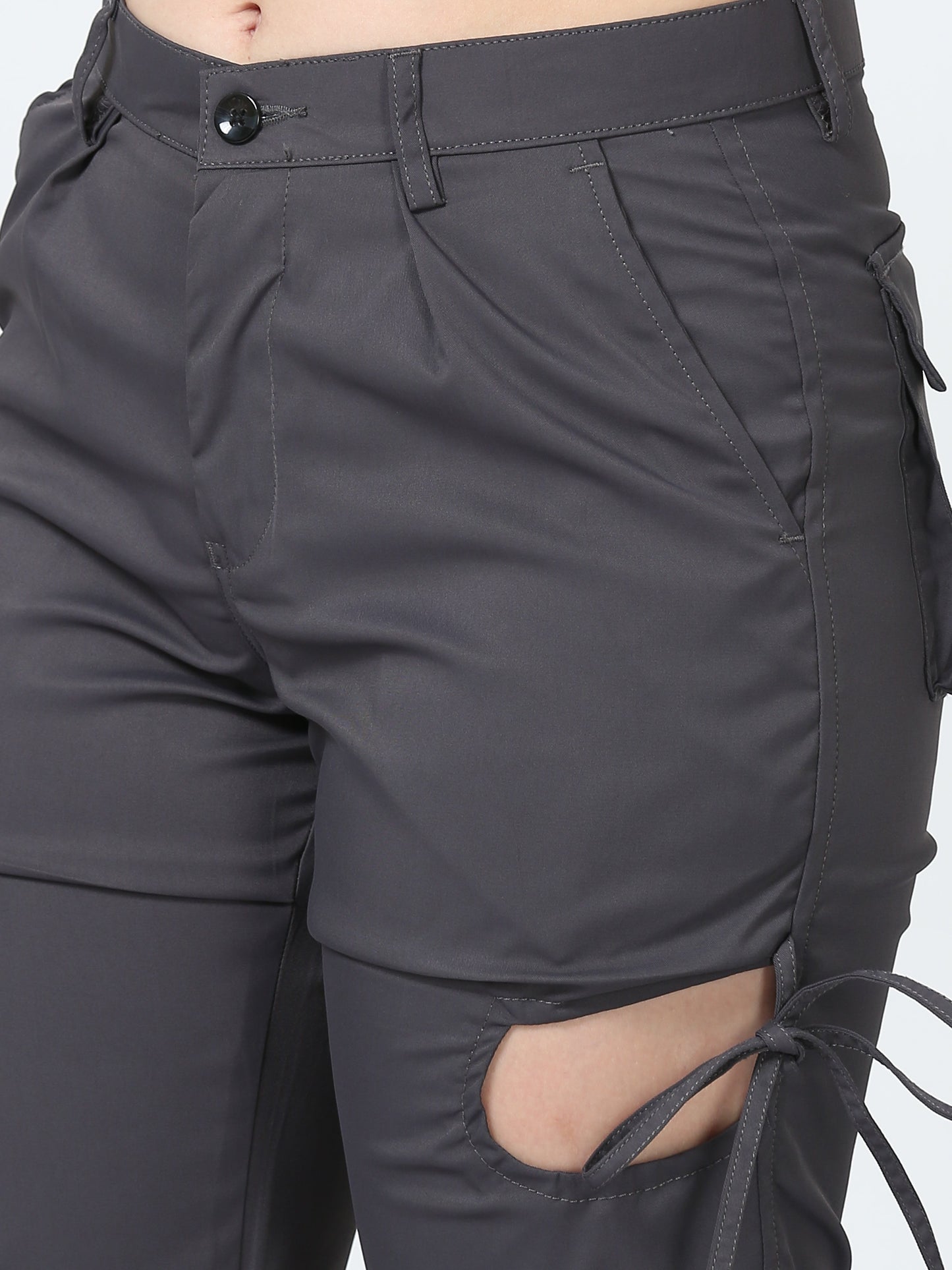 Women Dual Pocket Slashed Trousers-Grey