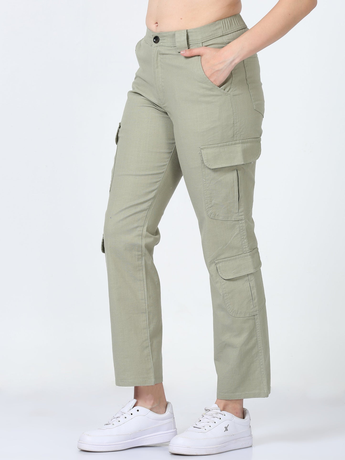 Women Lazy Linen Cargo Trousers-Fern
