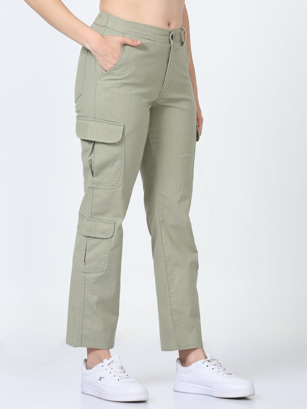 Women Lazy Linen Cargo Trousers-Fern