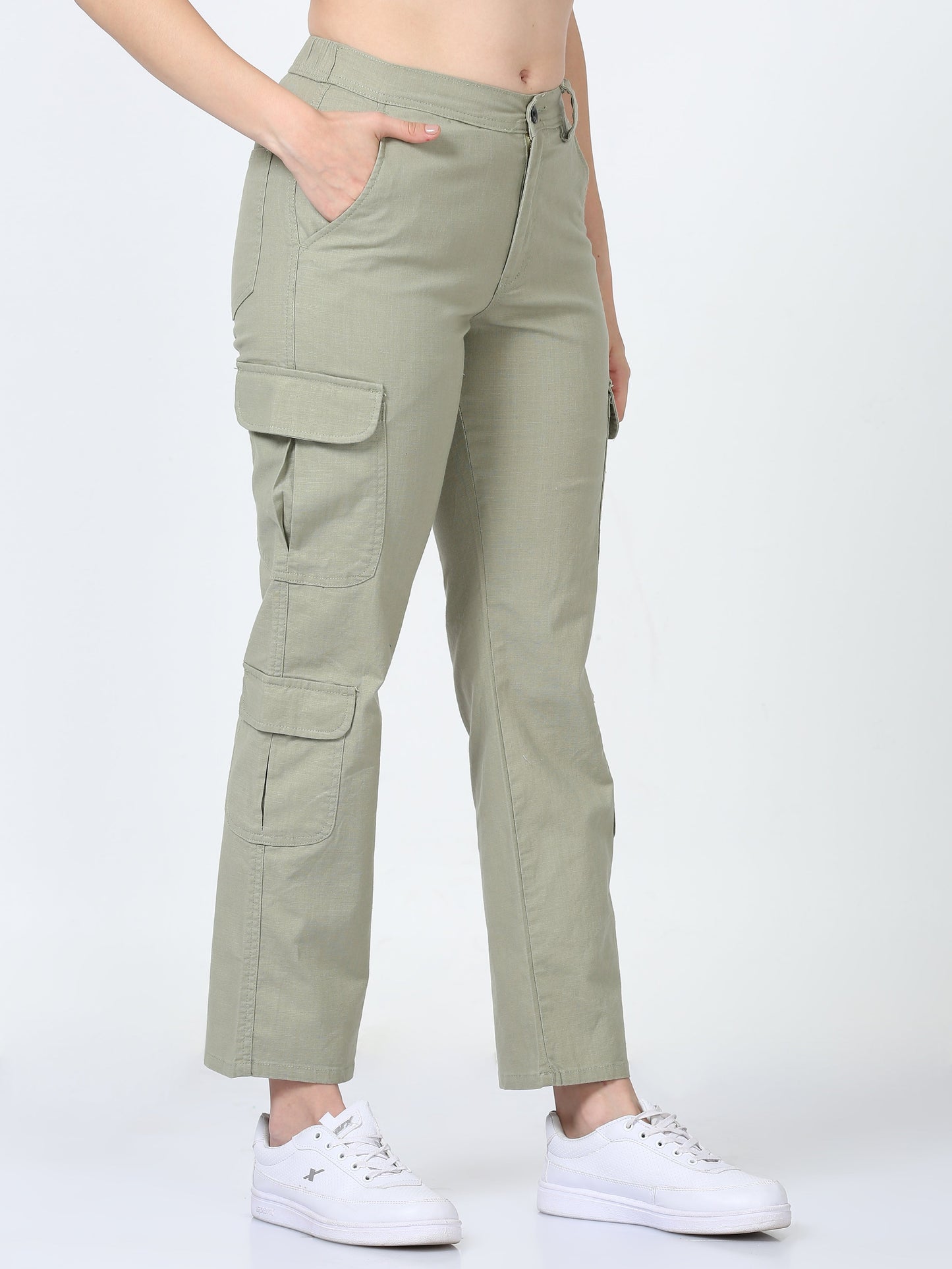 Women Lazy Linen Cargo Trousers-Fern