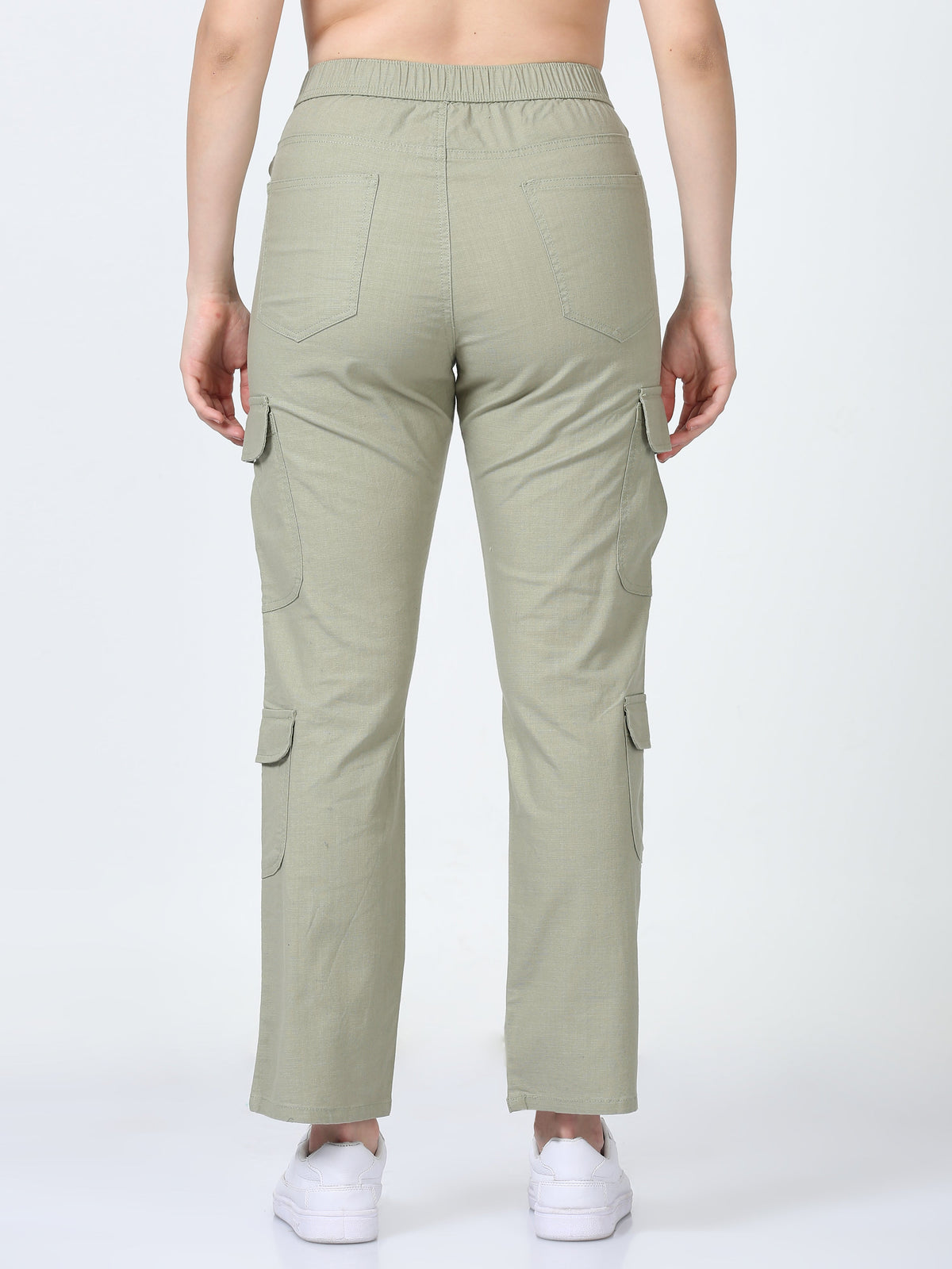 Women Lazy Linen Cargo Trousers-Fern