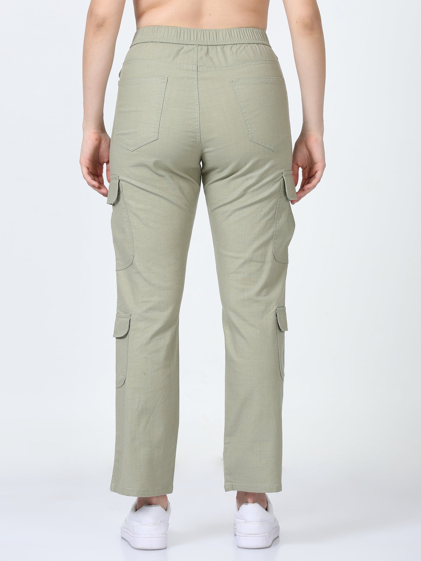 Women Lazy Linen Cargo Trousers-Fern