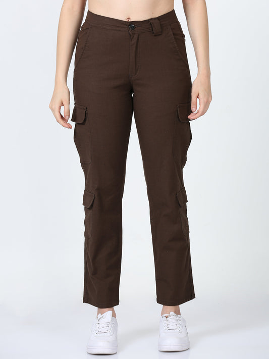 Relaxed Fit Linen Cargo Brown Trousers Women