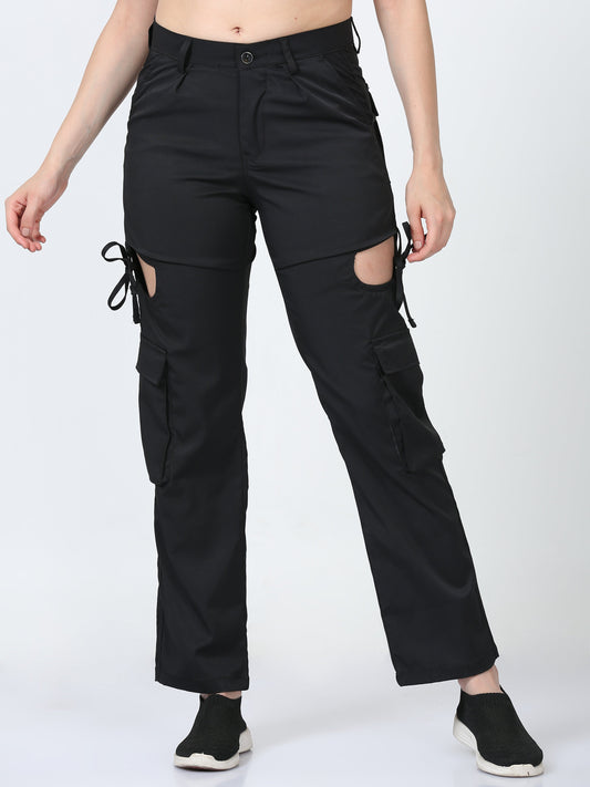 Dual Pocket Slashed Womens Black Trousers