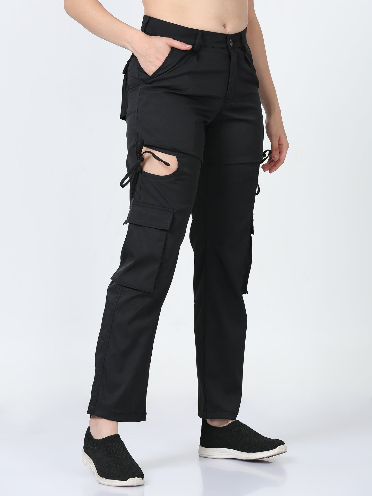 Women Dual Pocket Slashed Trousers-Black