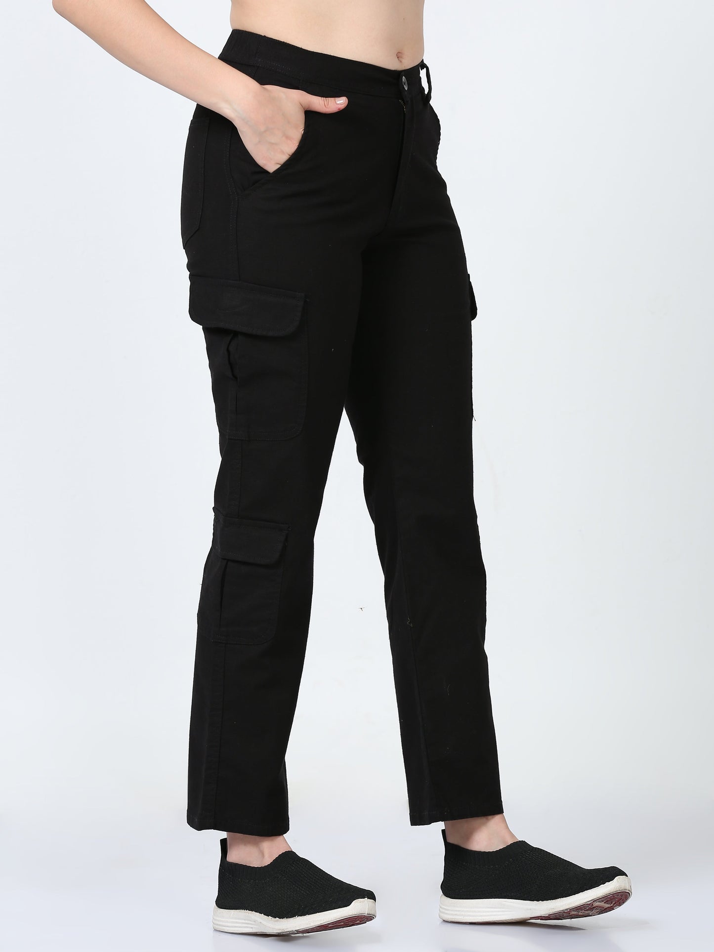 Women Lazy Linen Cargo Trousers-Black