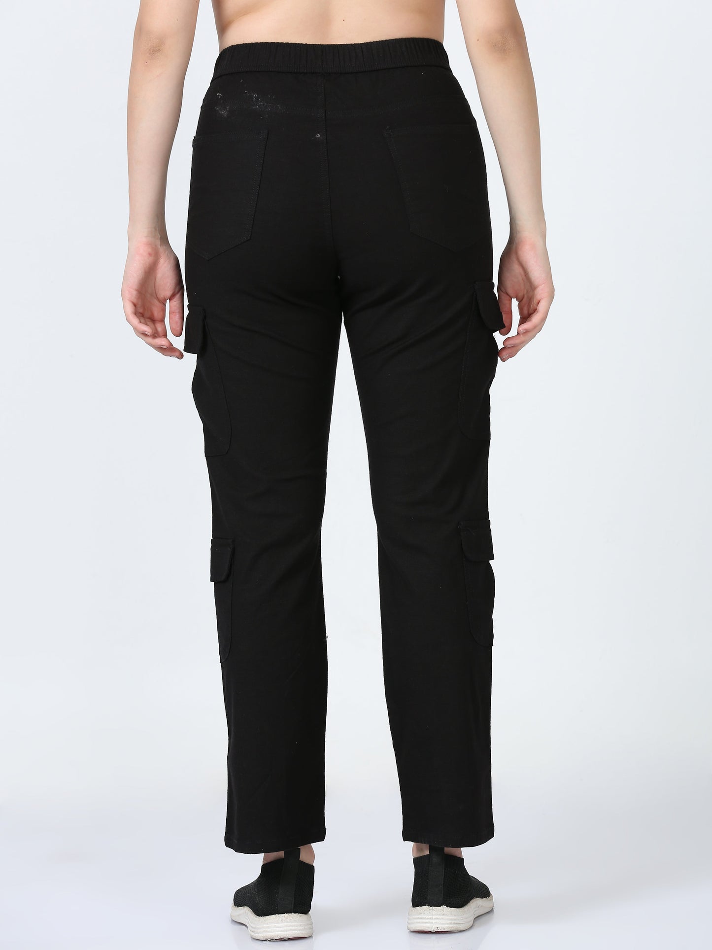 Women Lazy Linen Cargo Trousers-Black
