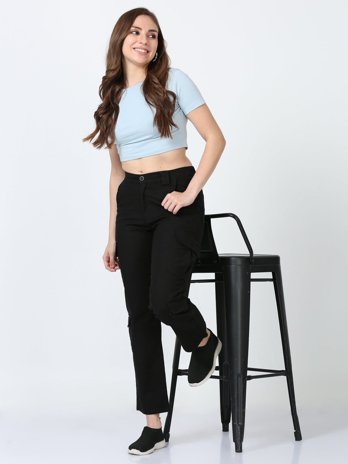 Women Lazy Linen Cargo Trousers-Black