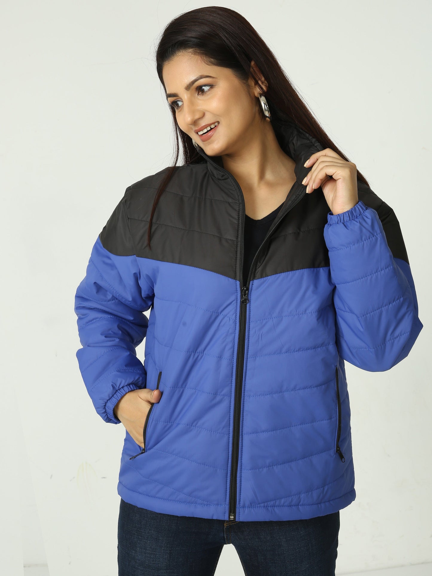 Women Black-Blue Bomber Jacket