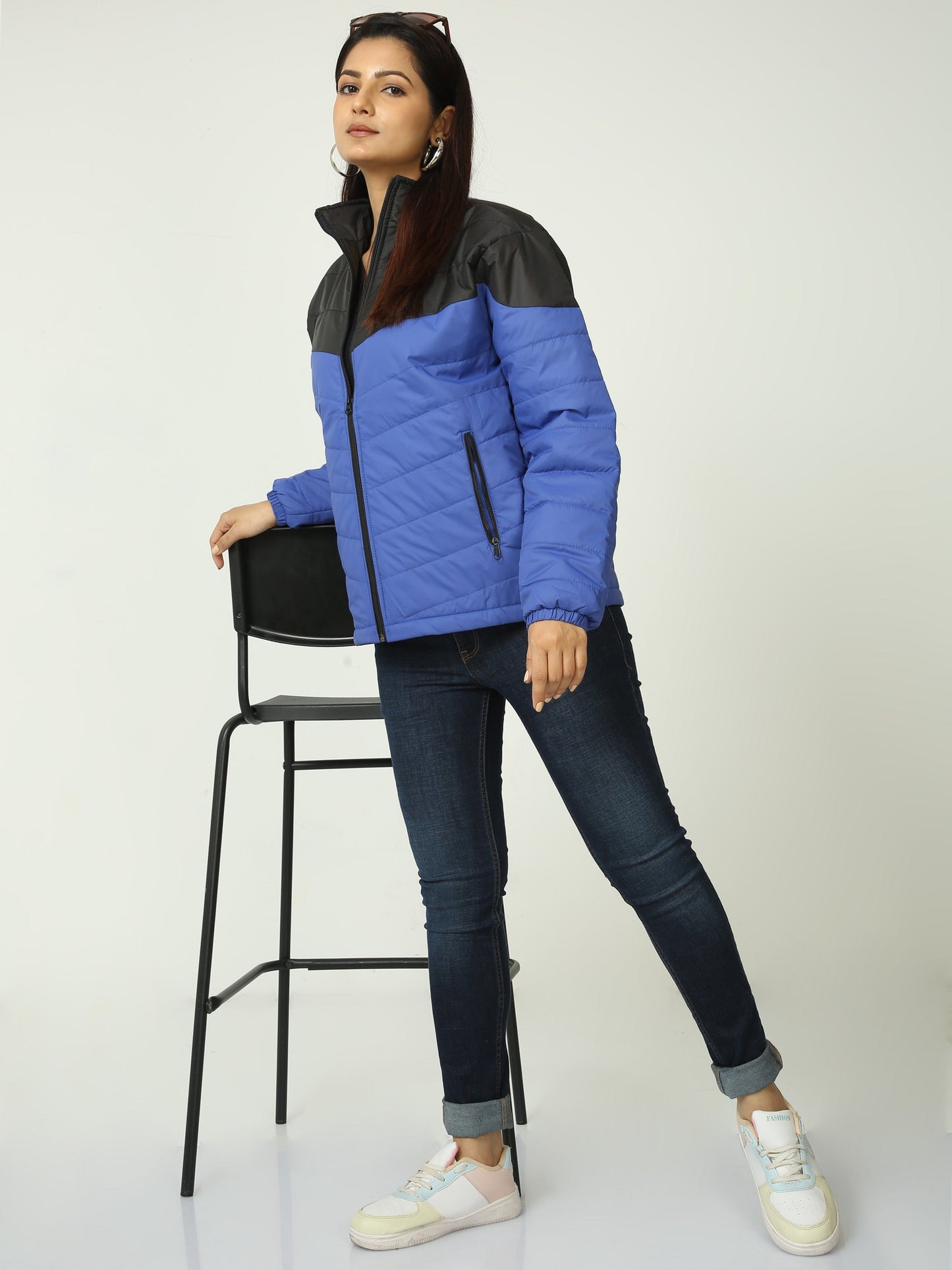 Women Black-Blue Bomber Jacket