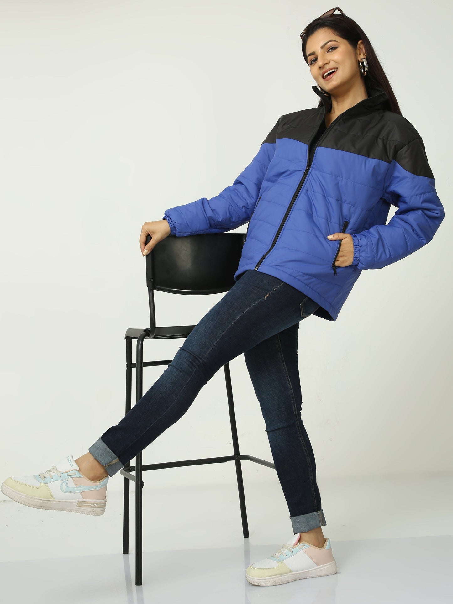 Women Black-Blue Bomber Jacket