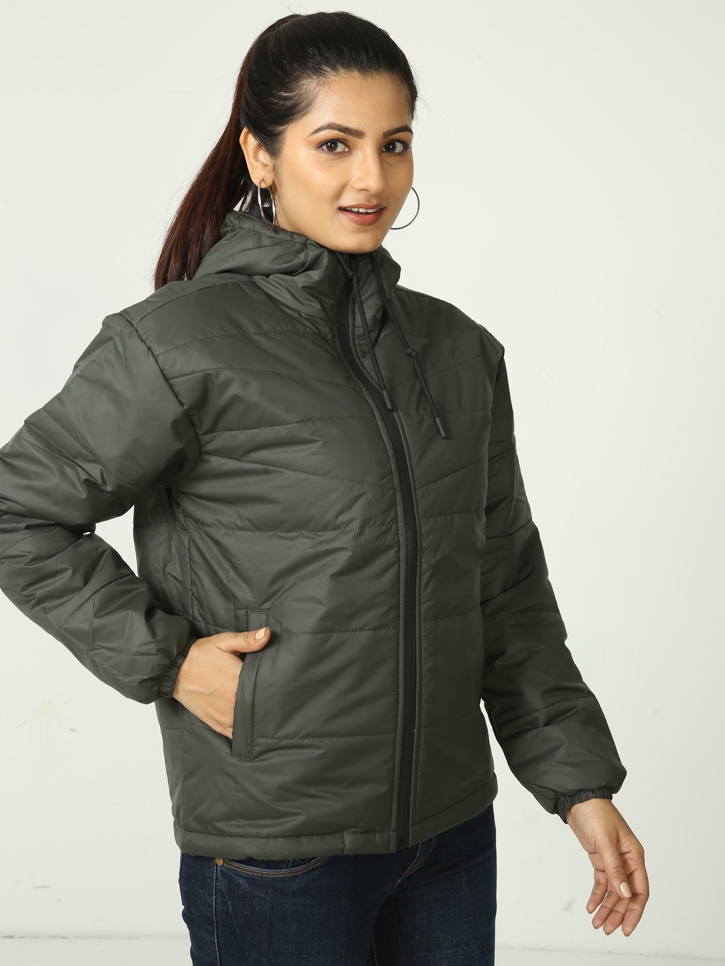 Women Olive Green Bomber Jacket with Hood