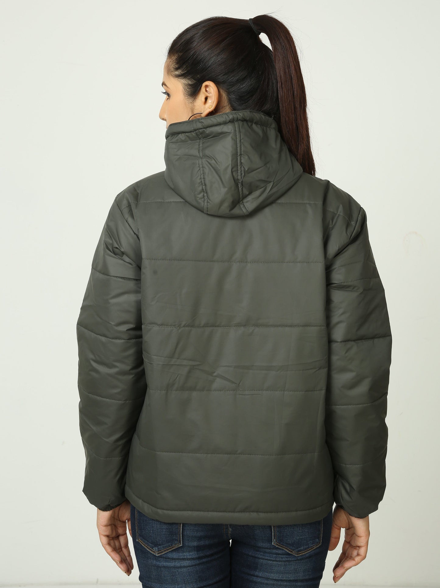 Women Olive Green Bomber Jacket with Hood