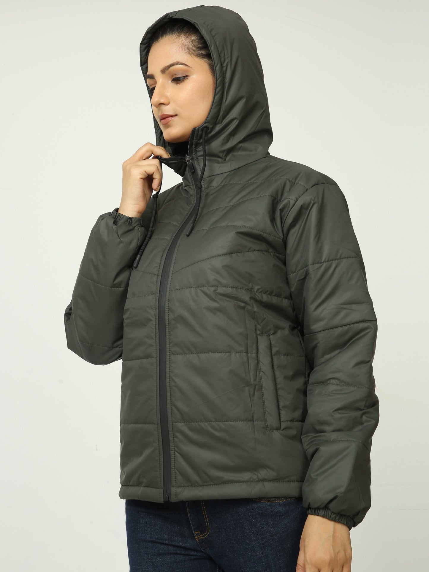 Women Olive Green Bomber Jacket with Hood