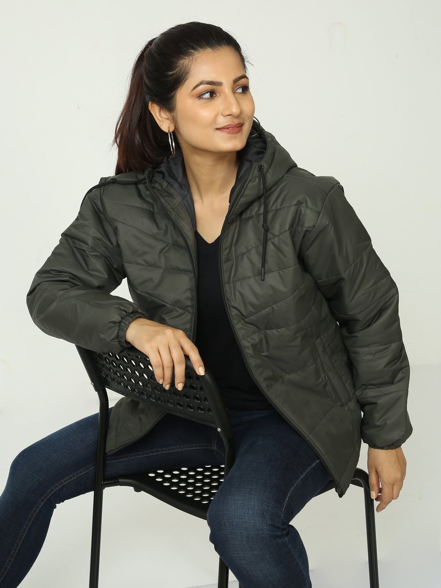 Women Olive Green Bomber Jacket with Hood