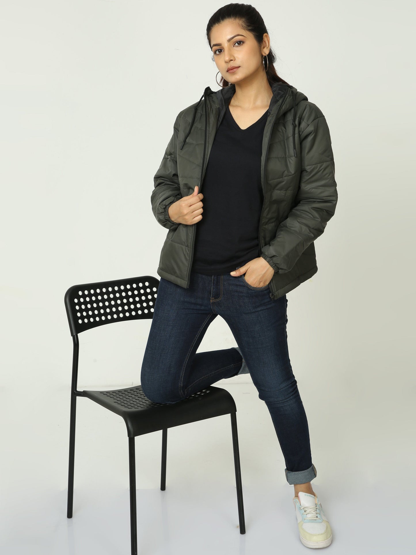Women Olive Green Bomber Jacket with Hood