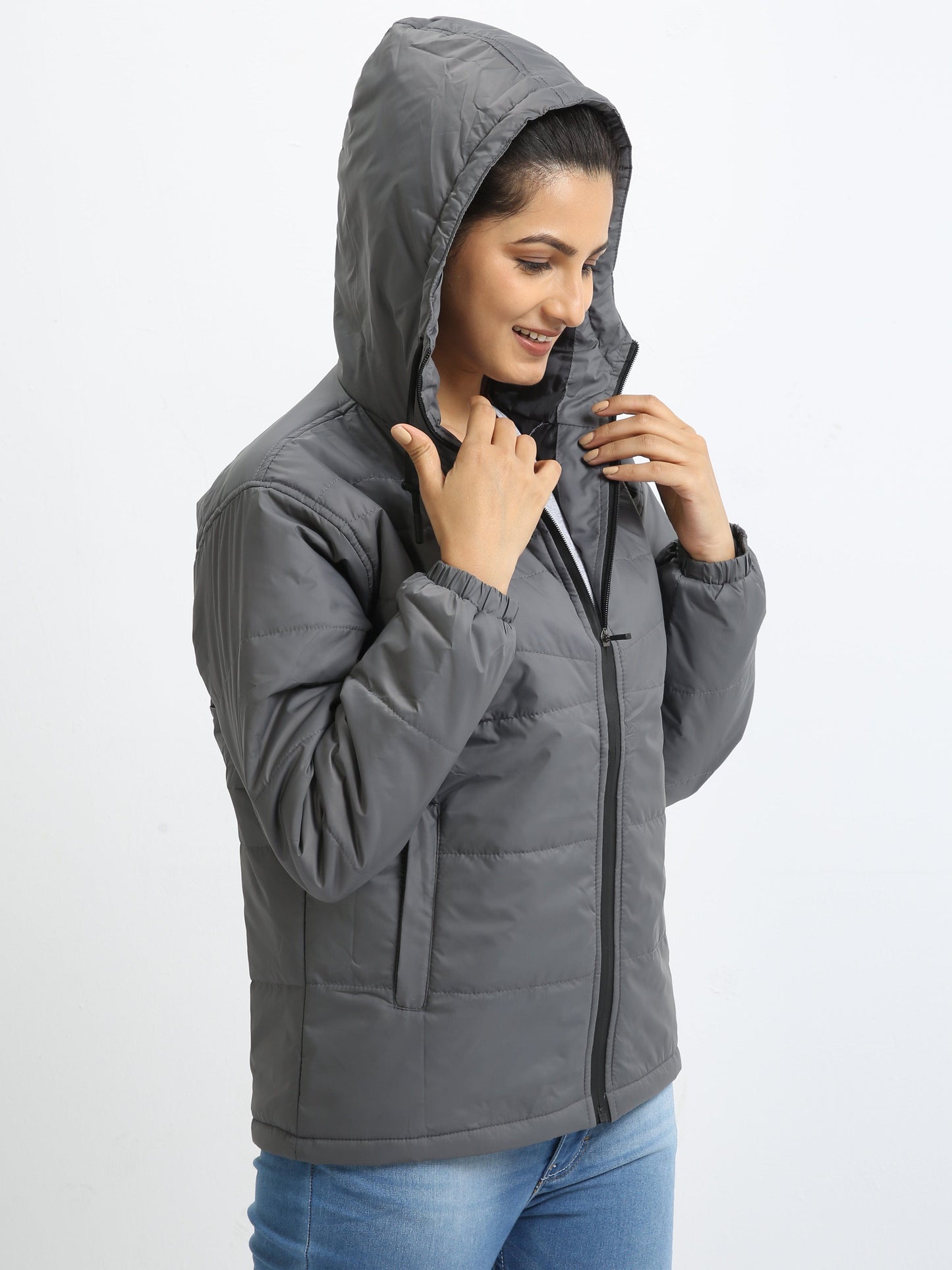 Women Dove Grey Bomber Jacket with Hood