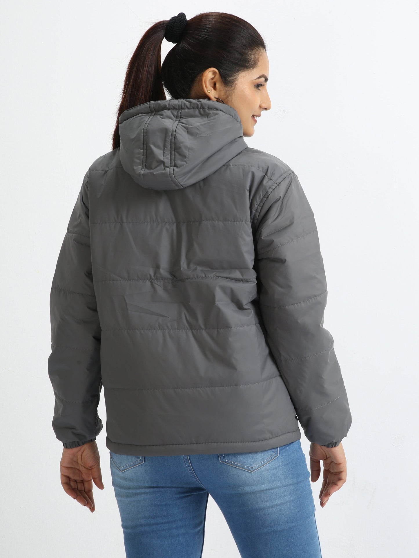 Women Dove Grey Bomber Jacket with Hood