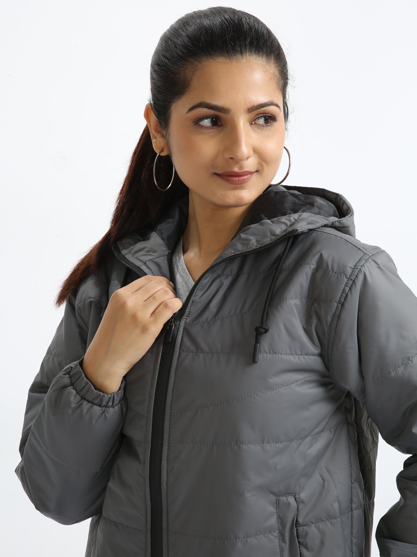 Women Dove Grey Bomber Jacket with Hood