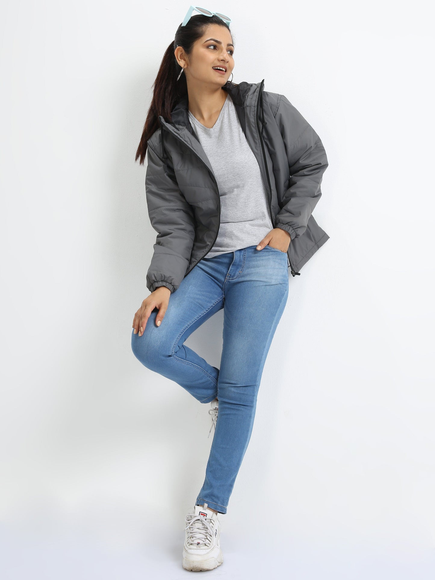 Women Dove Grey Bomber Jacket with Hood