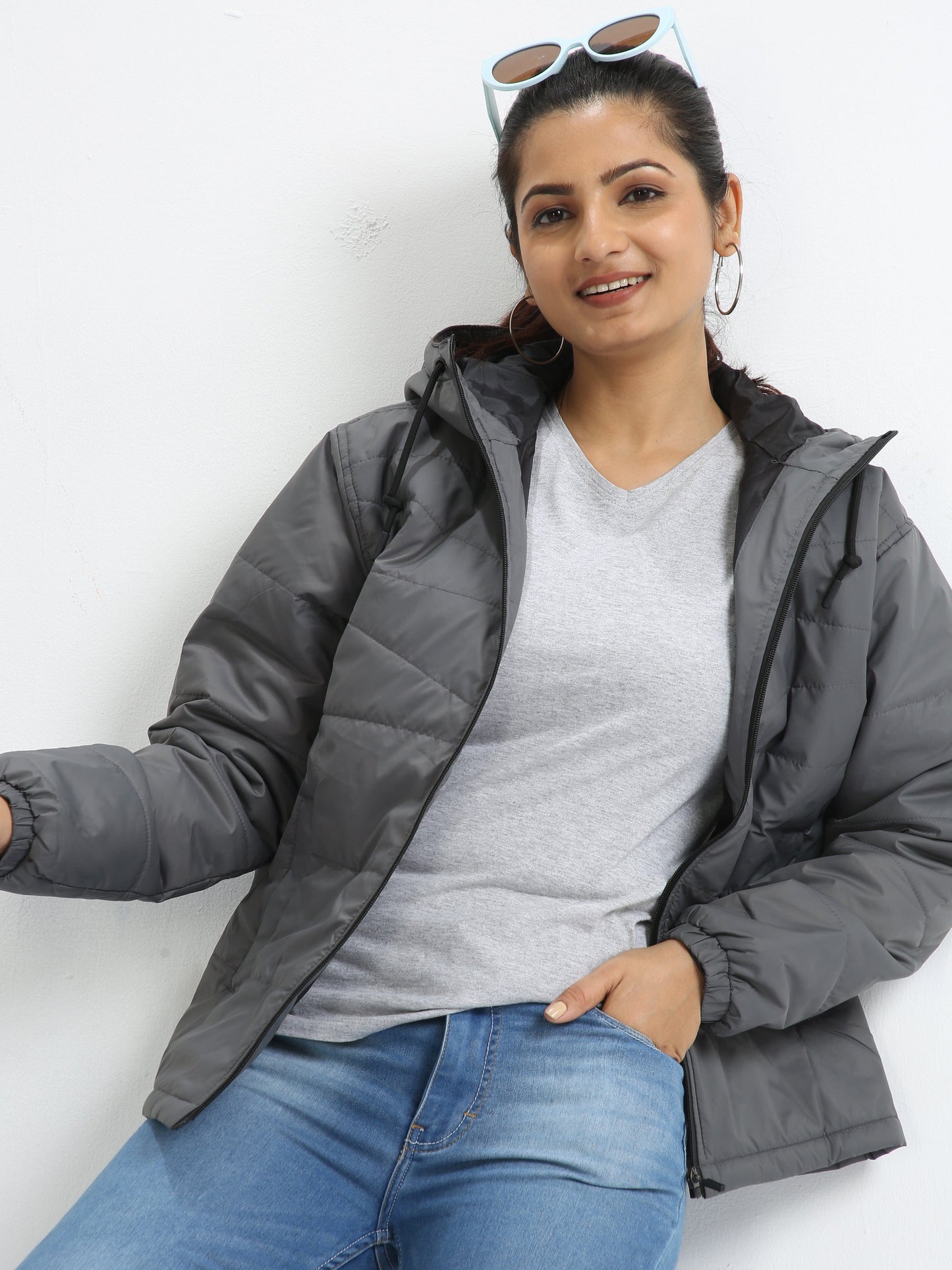 Women Dove Grey Bomber Jacket with Hood