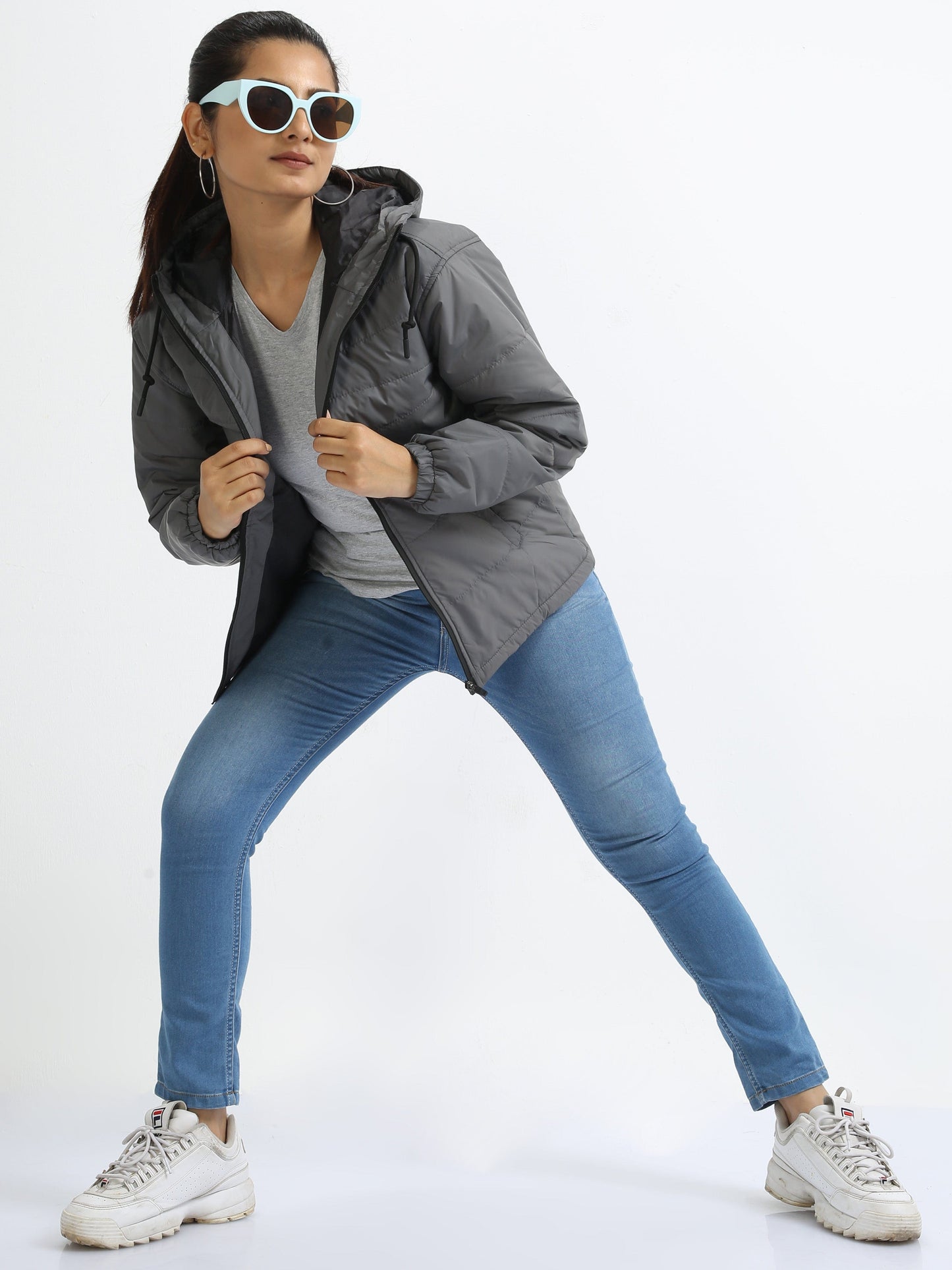 Women Dove Grey Bomber Jacket with Hood