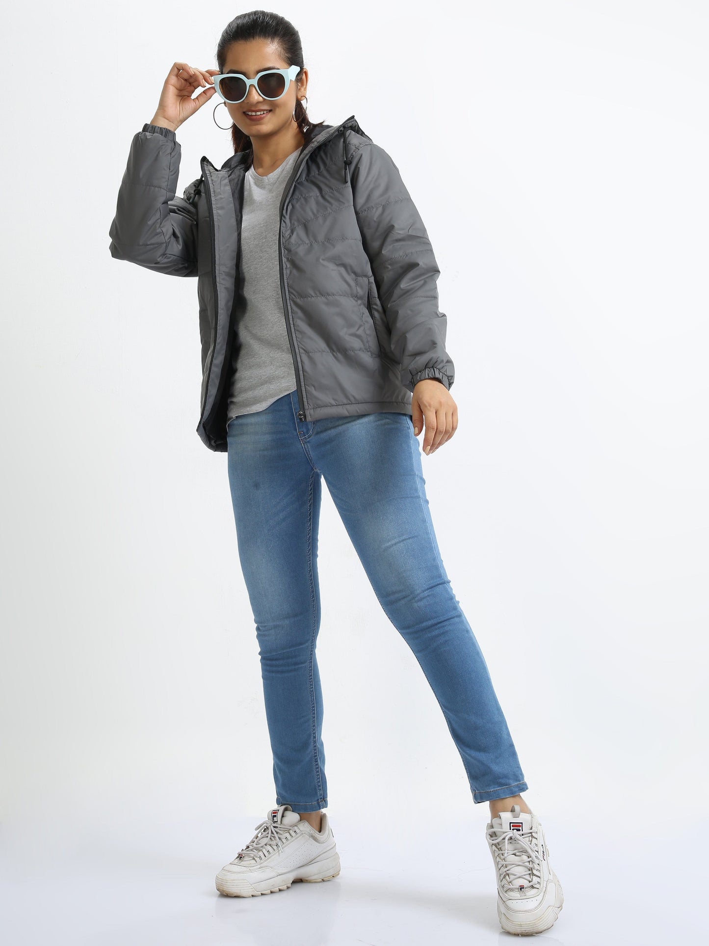 Women Dove Grey Bomber Jacket with Hood