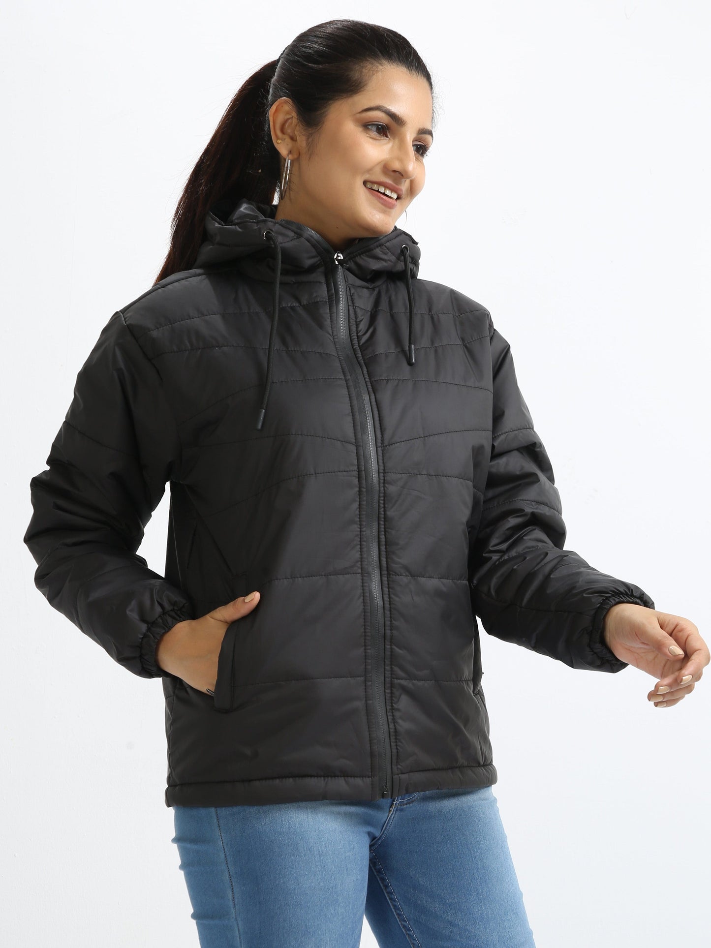 Women Black Bomber Jacket with Hood
