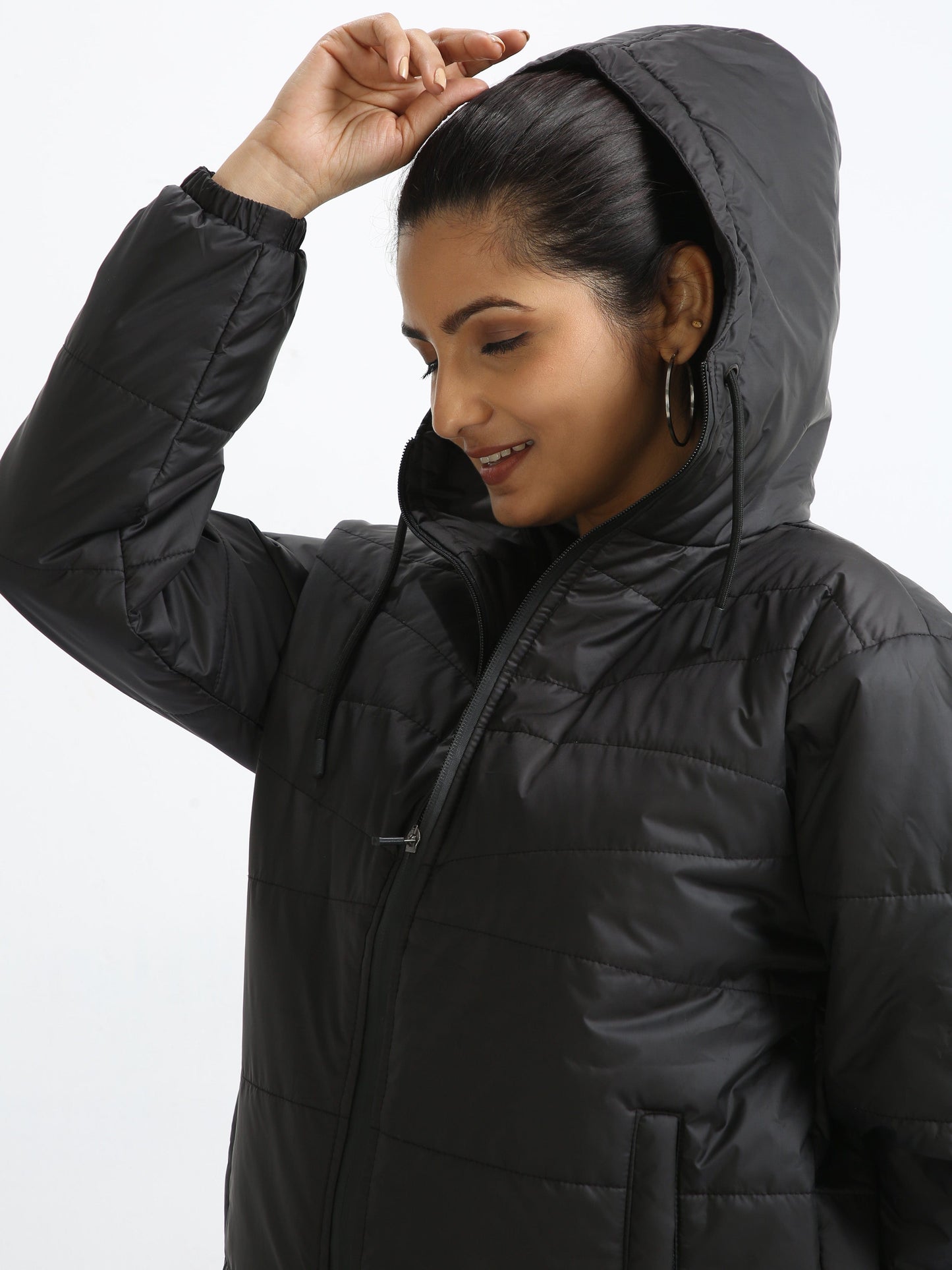 Women Black Bomber Jacket with Hood