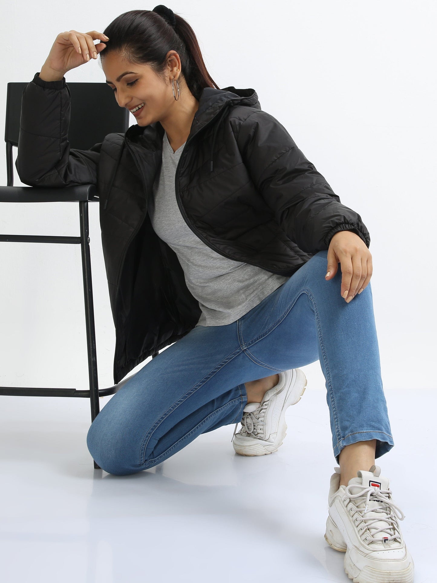 Women Black Bomber Jacket with Hood