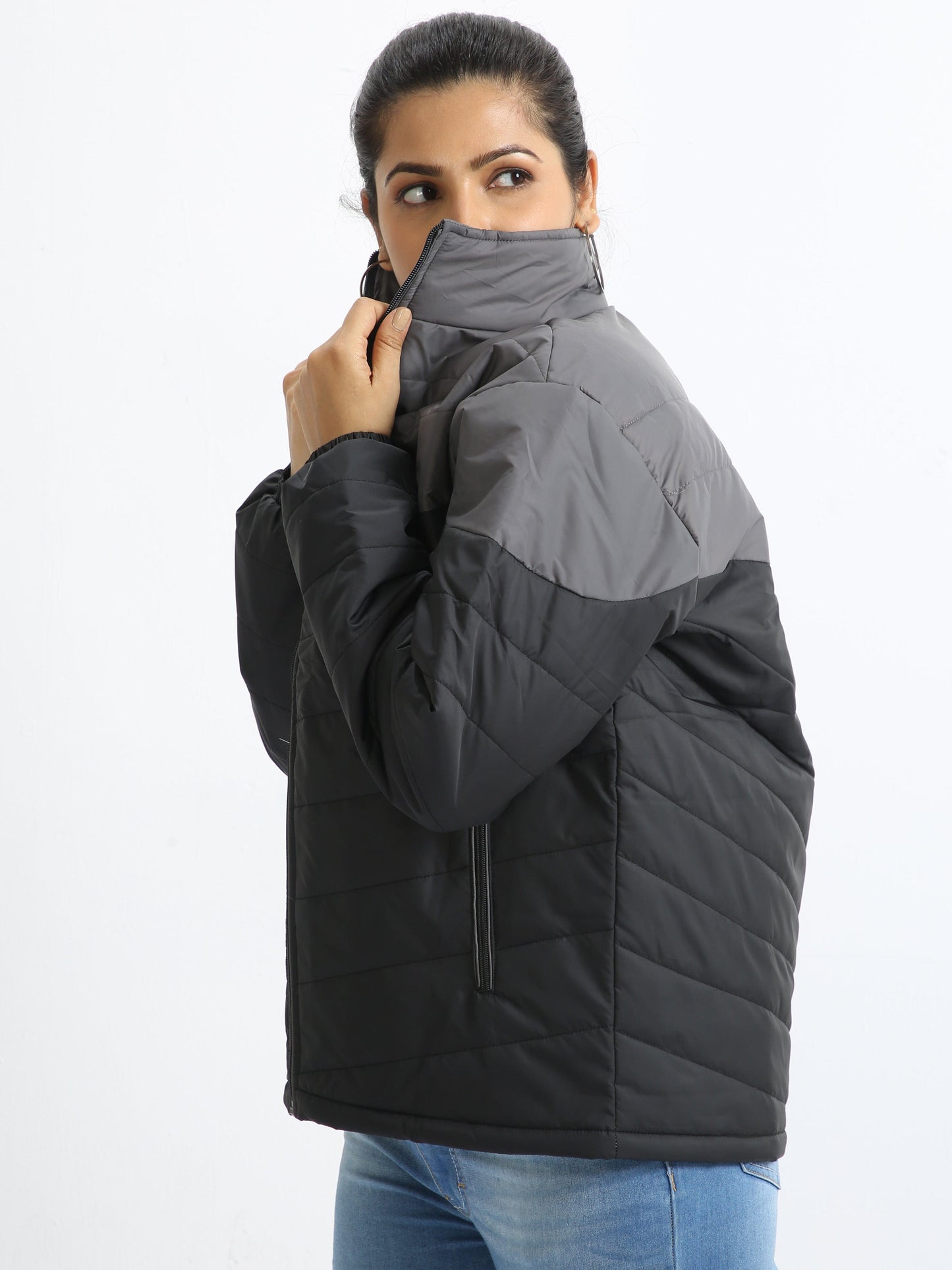 Women Grey-Black Bomber Jacket