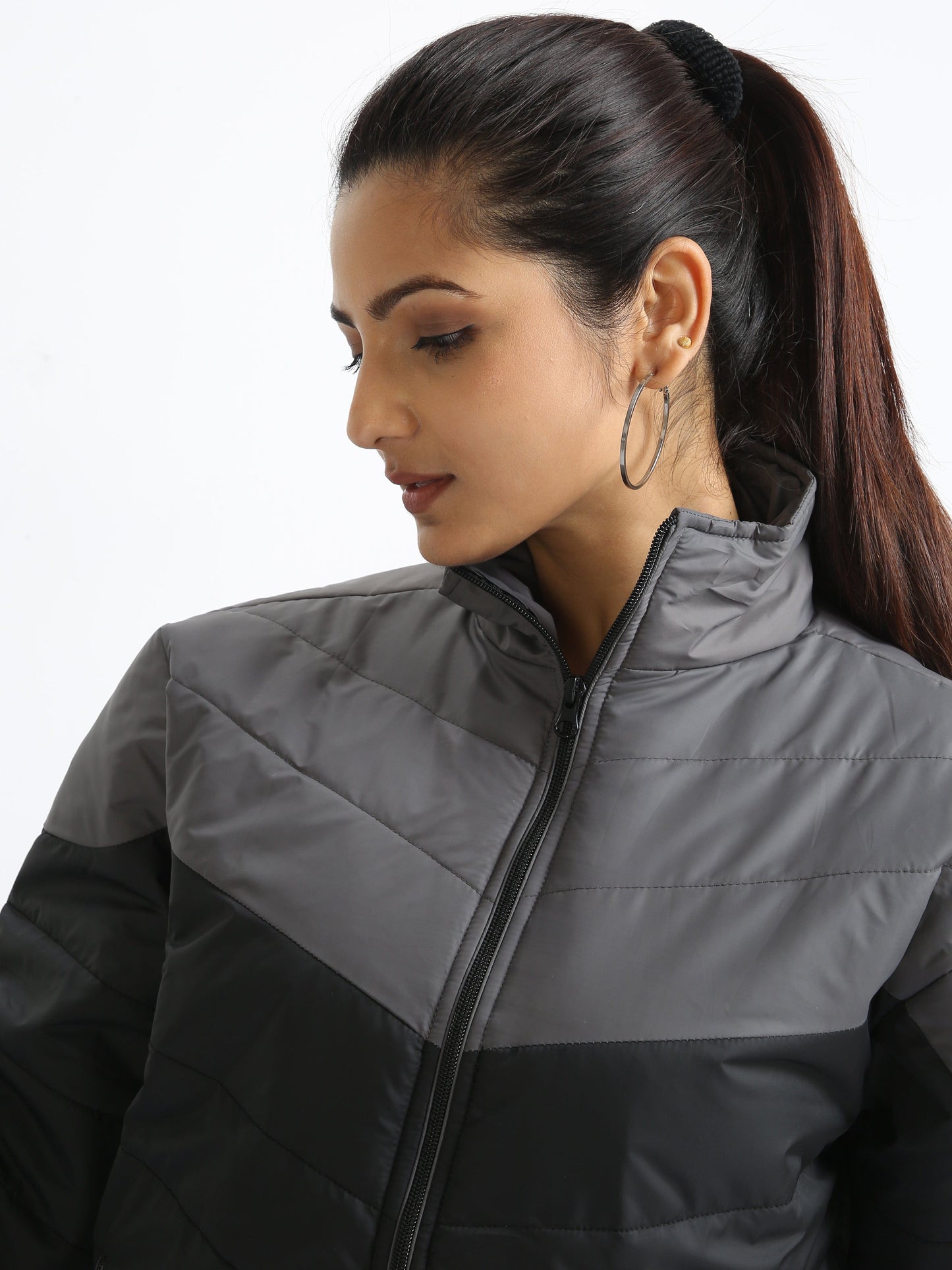 Women Grey-Black Bomber Jacket