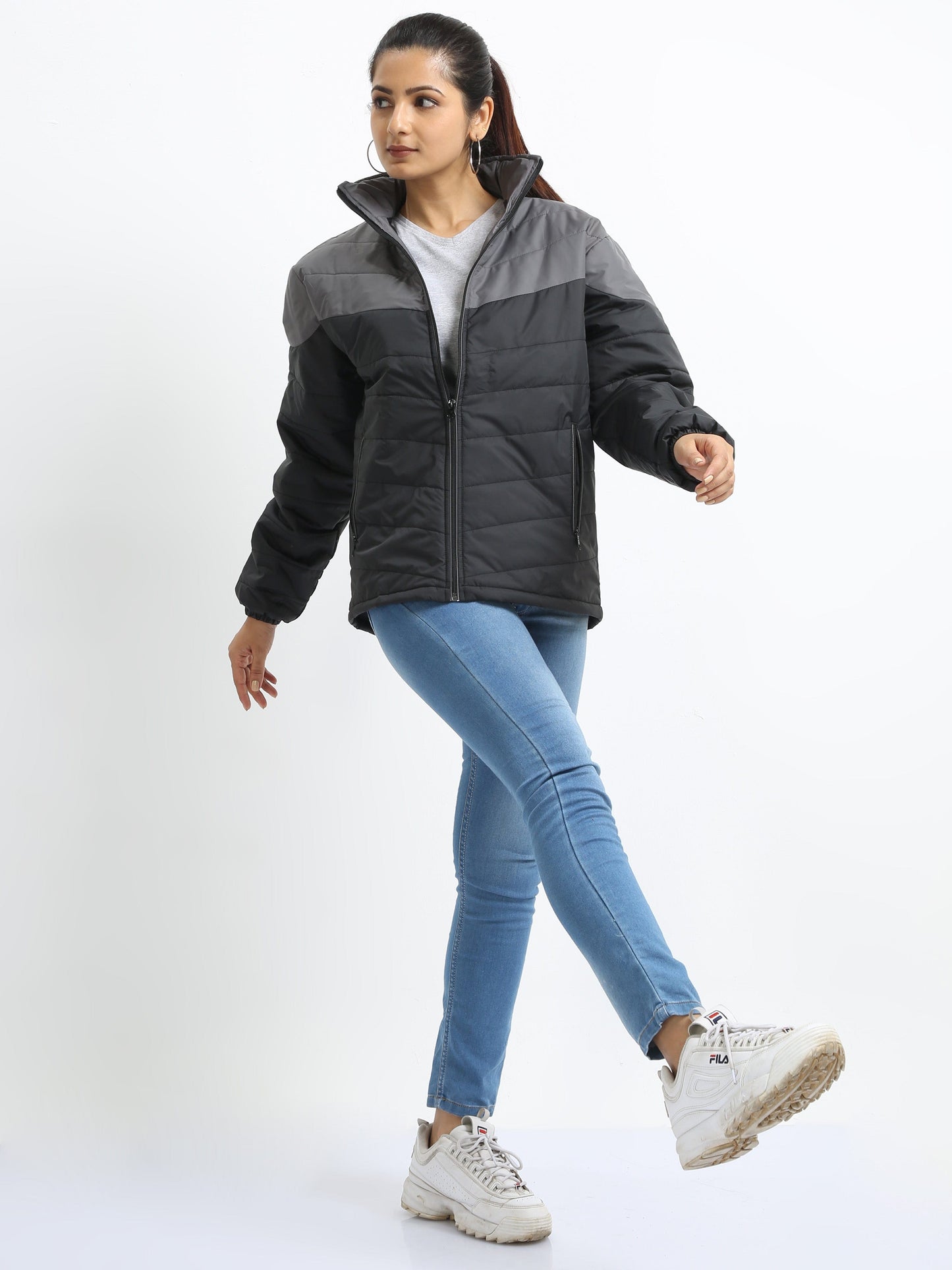 Women Grey-Black Bomber Jacket
