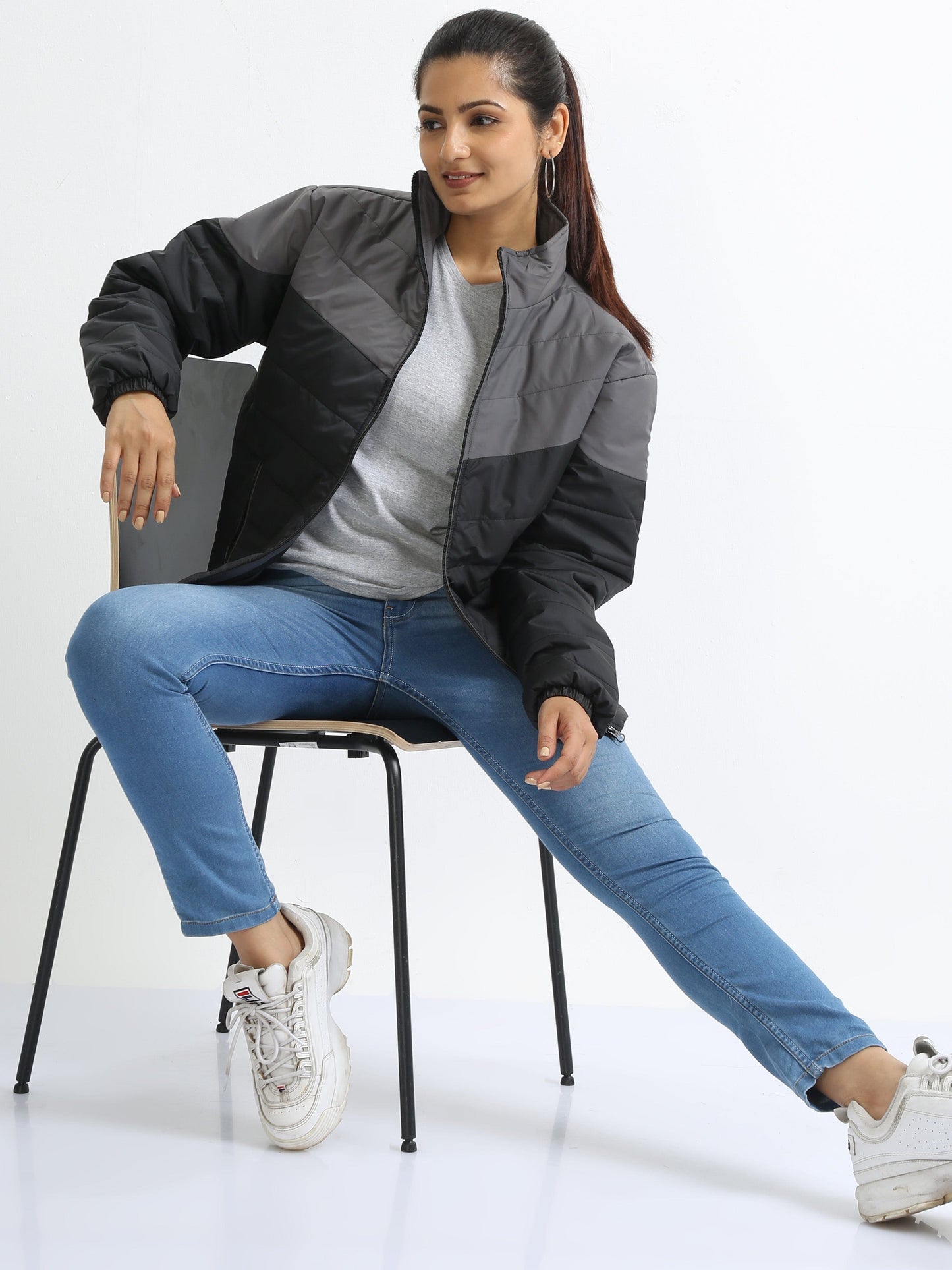 Women Grey-Black Bomber Jacket