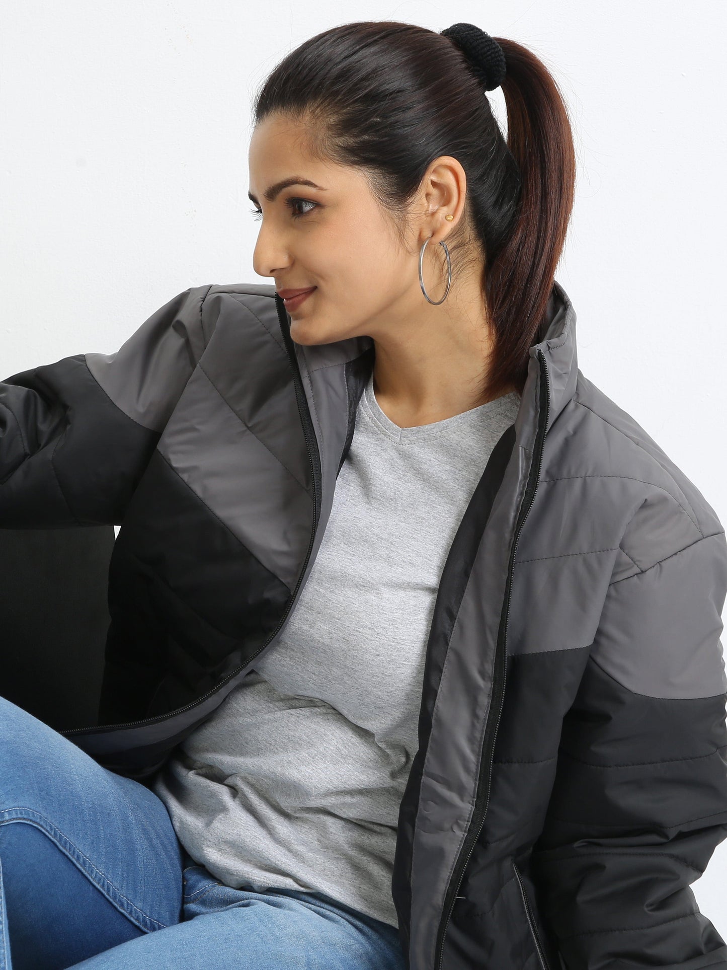 Women Grey-Black Bomber Jacket