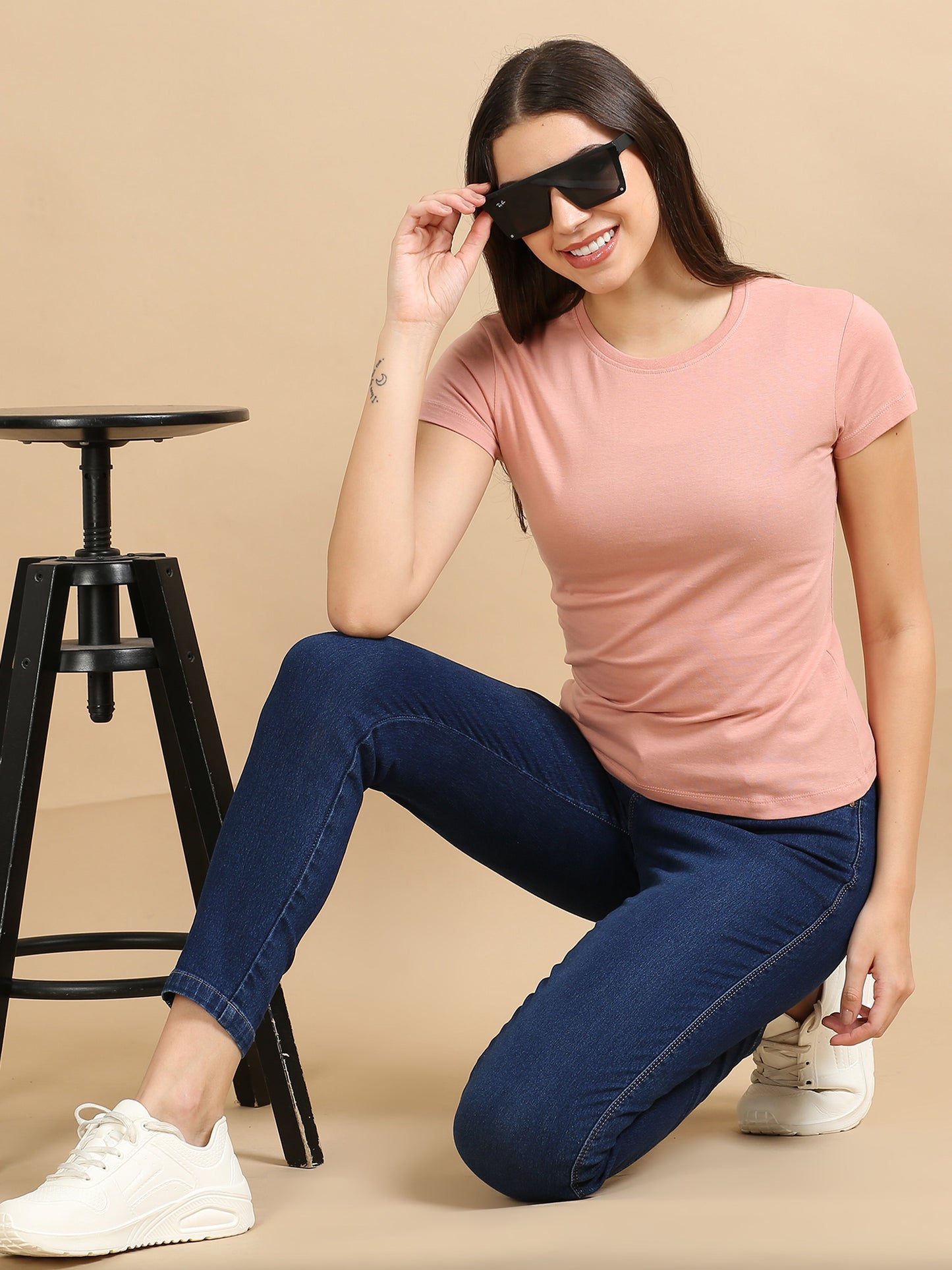 Crew Neck Women Solid T-Shirt - Light Pink