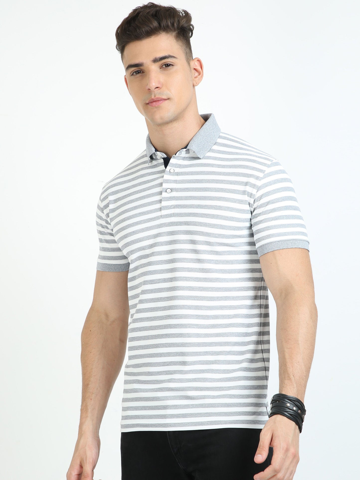 White & Grey Stripe Men's Polo T-shirt