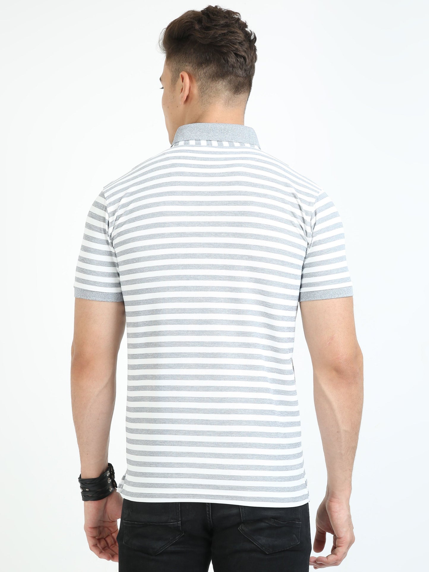 White & Grey Stripe Men's Polo T-shirt
