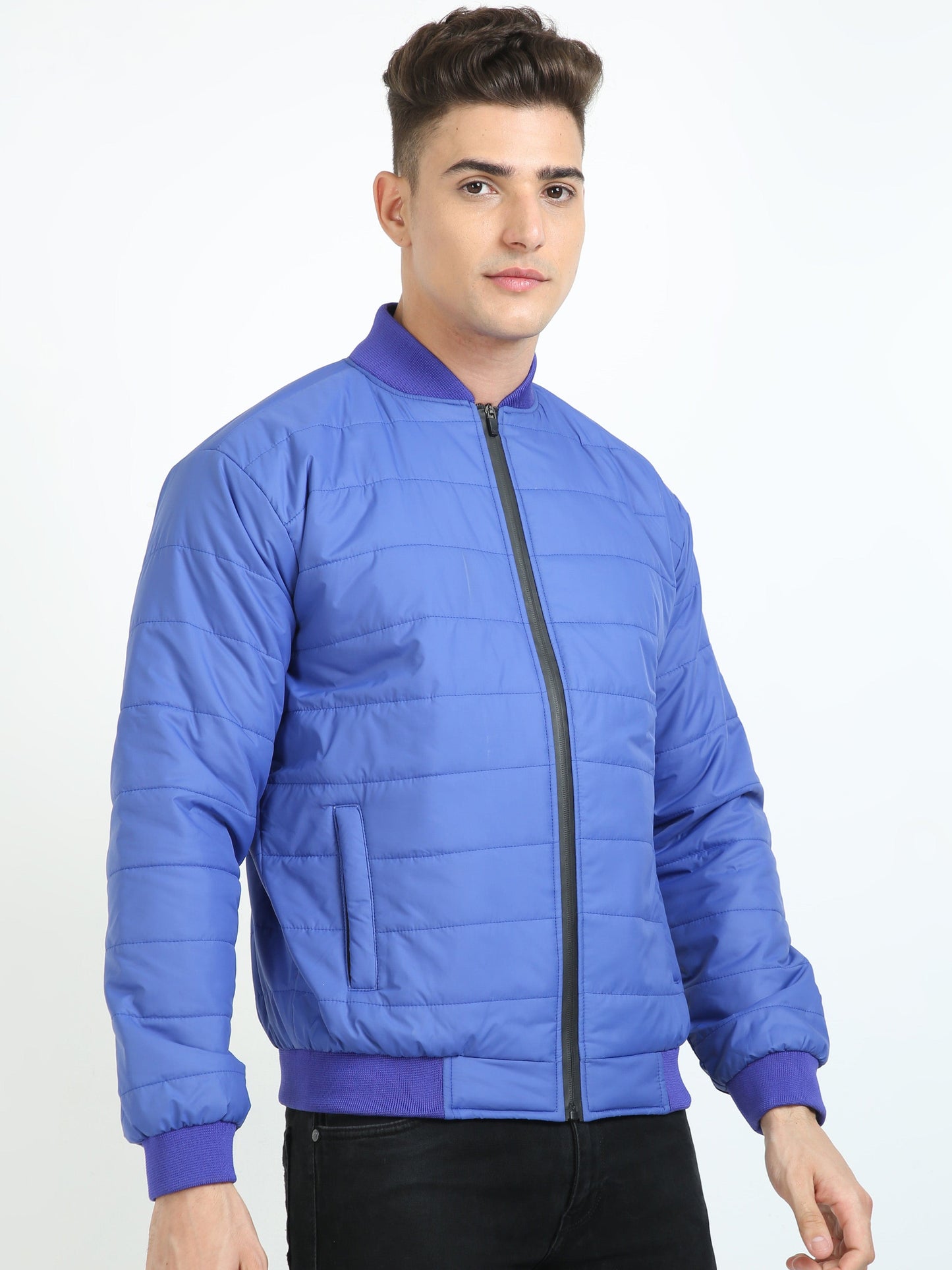 Men Imperial Blue Bomber Rib Style Jacket