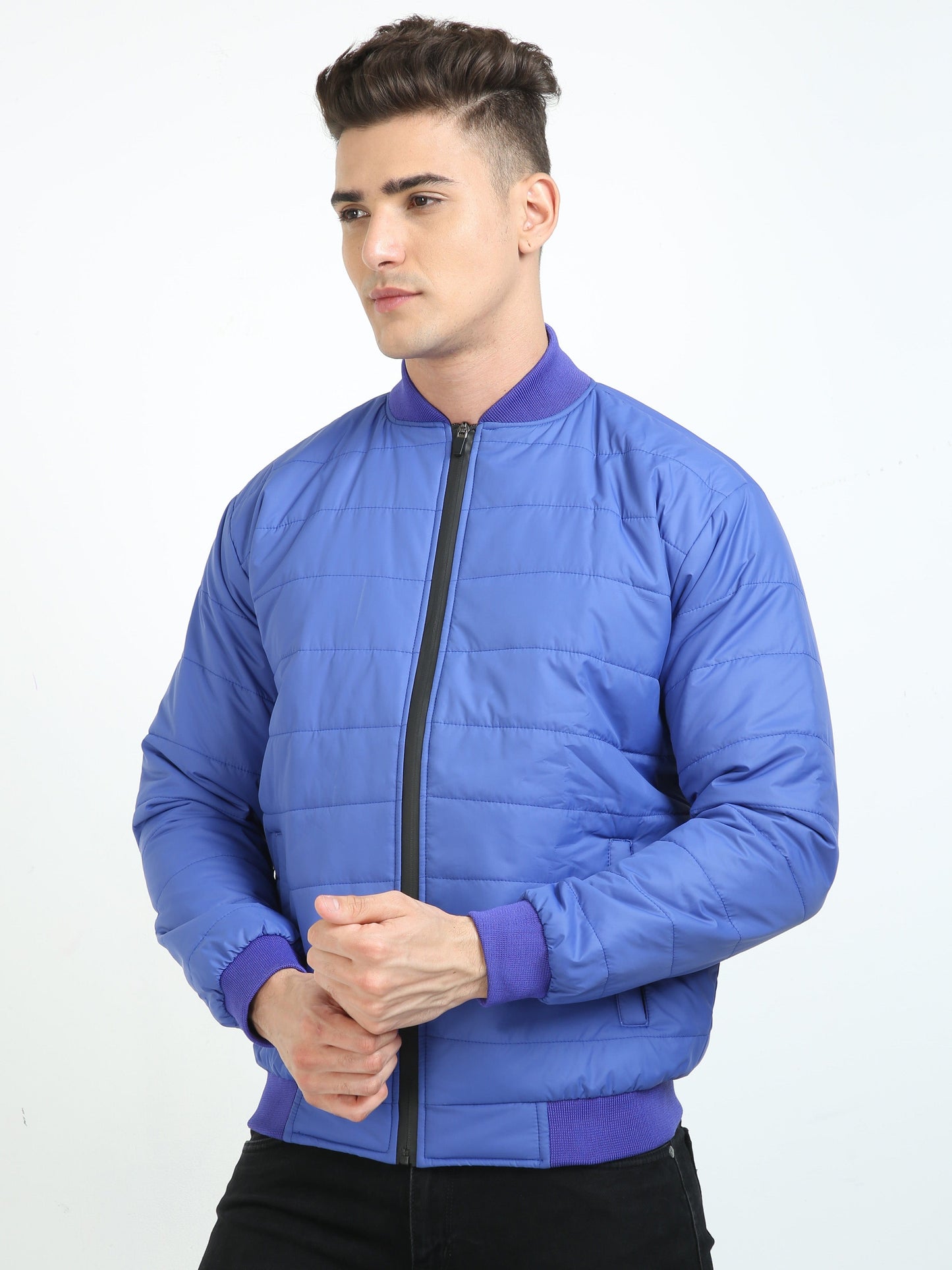 Men Imperial Blue Bomber Rib Style Jacket