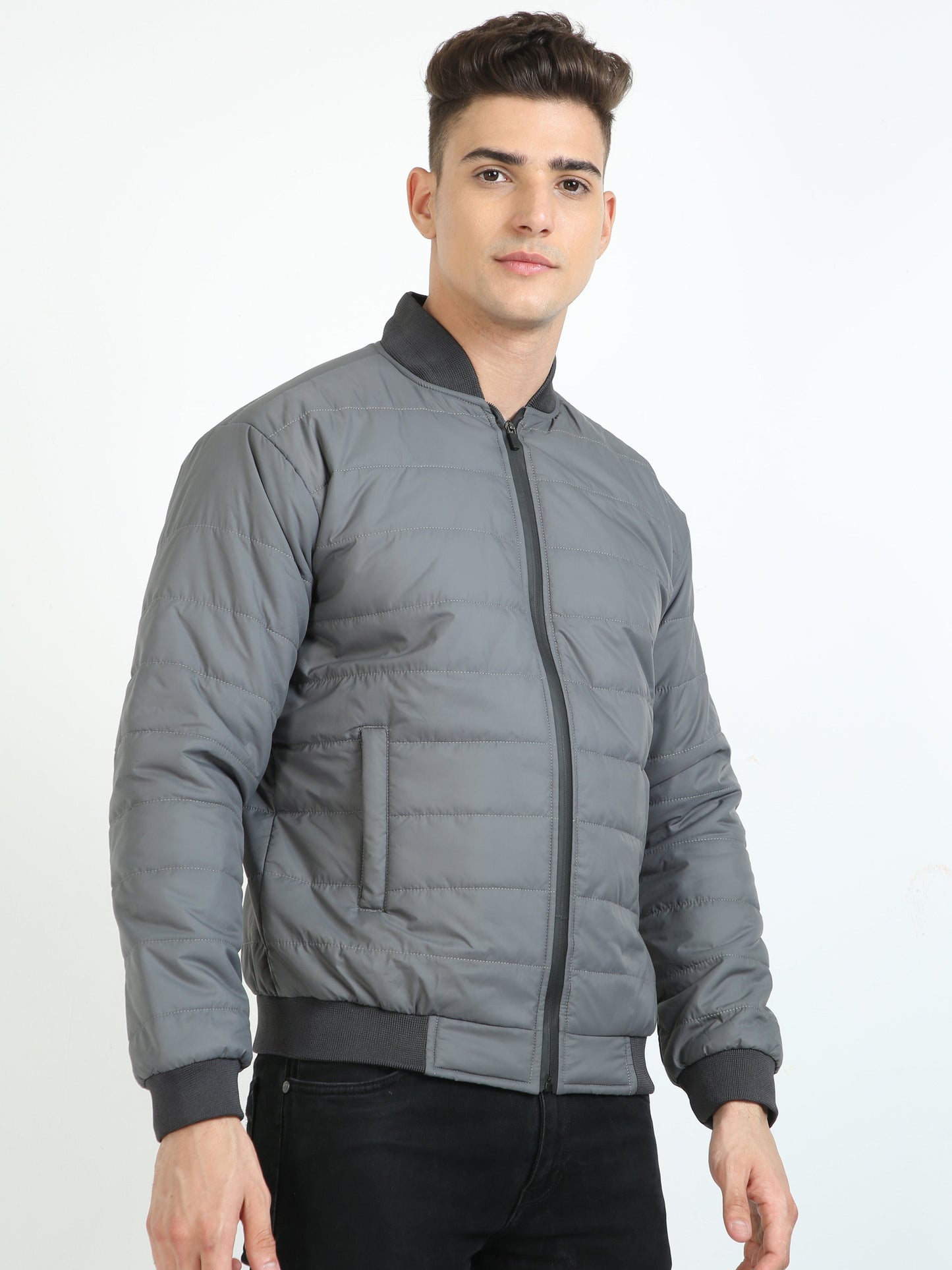 Men Grey Bomber Rib Style Jacket