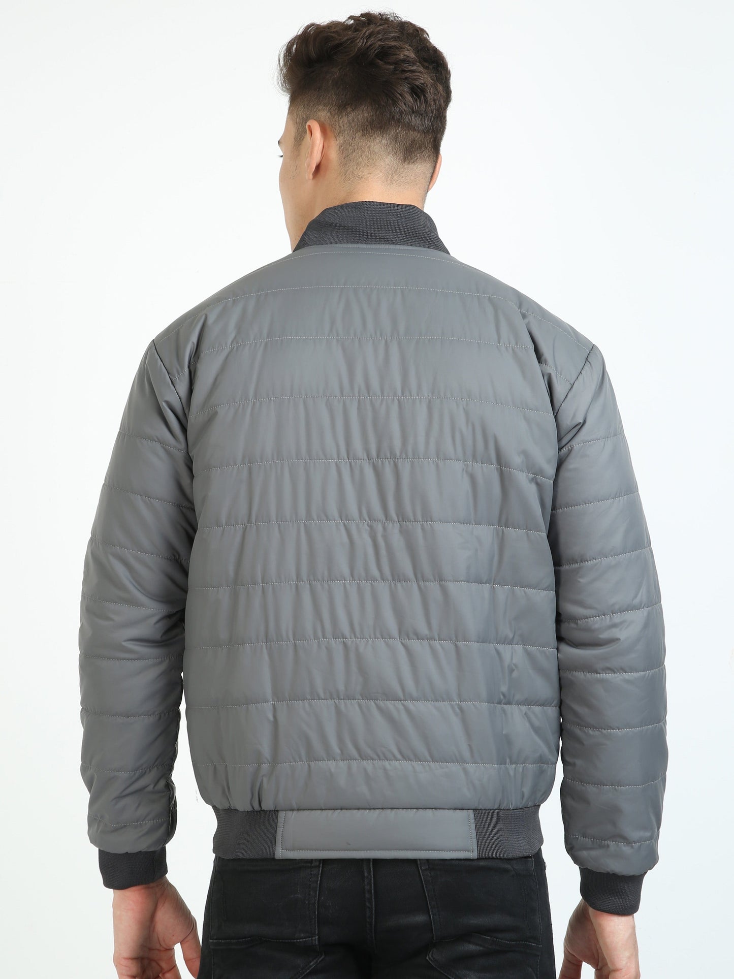 Men Grey Bomber Rib Style Jacket