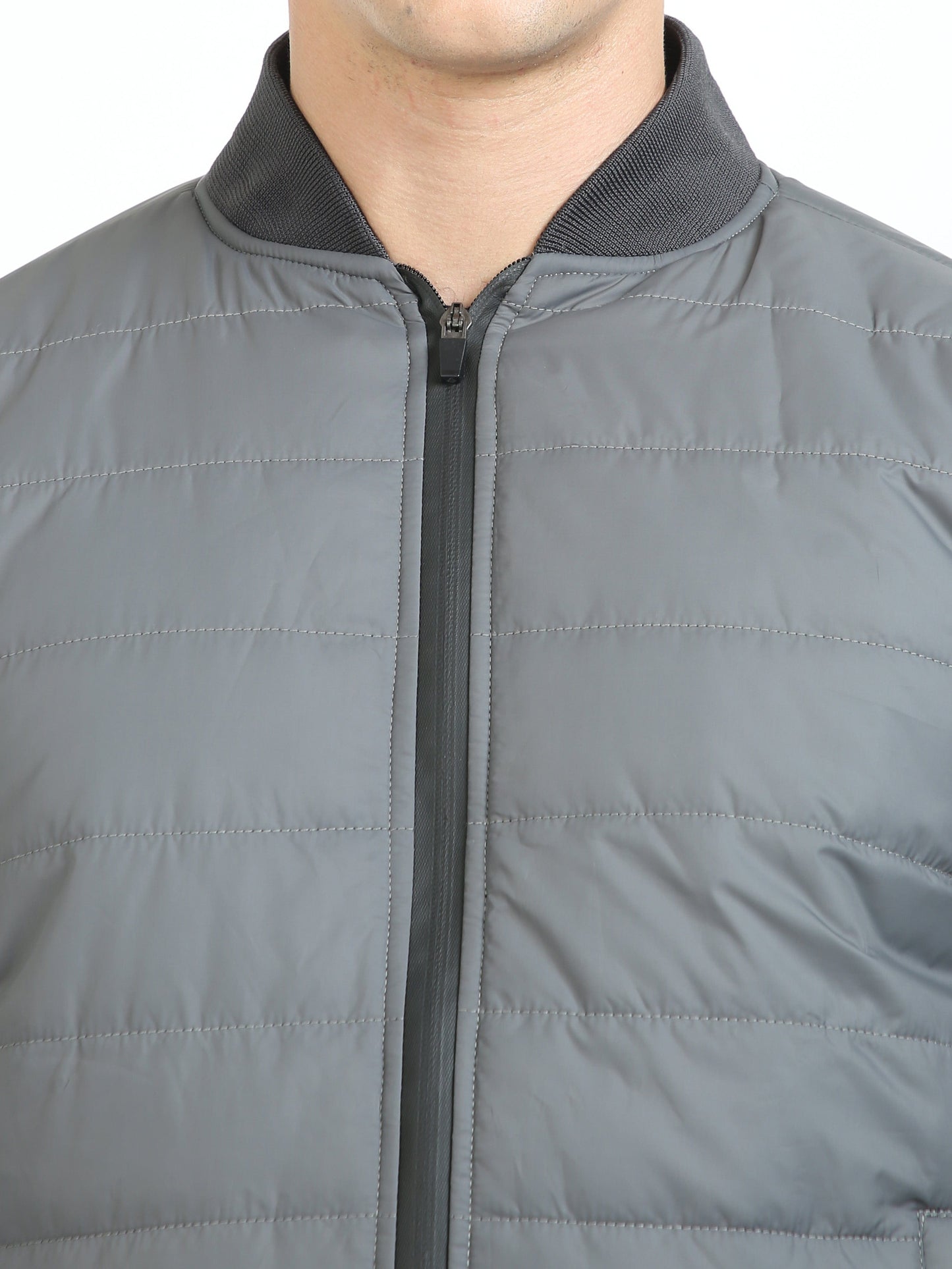 Men Grey Bomber Rib Style Jacket