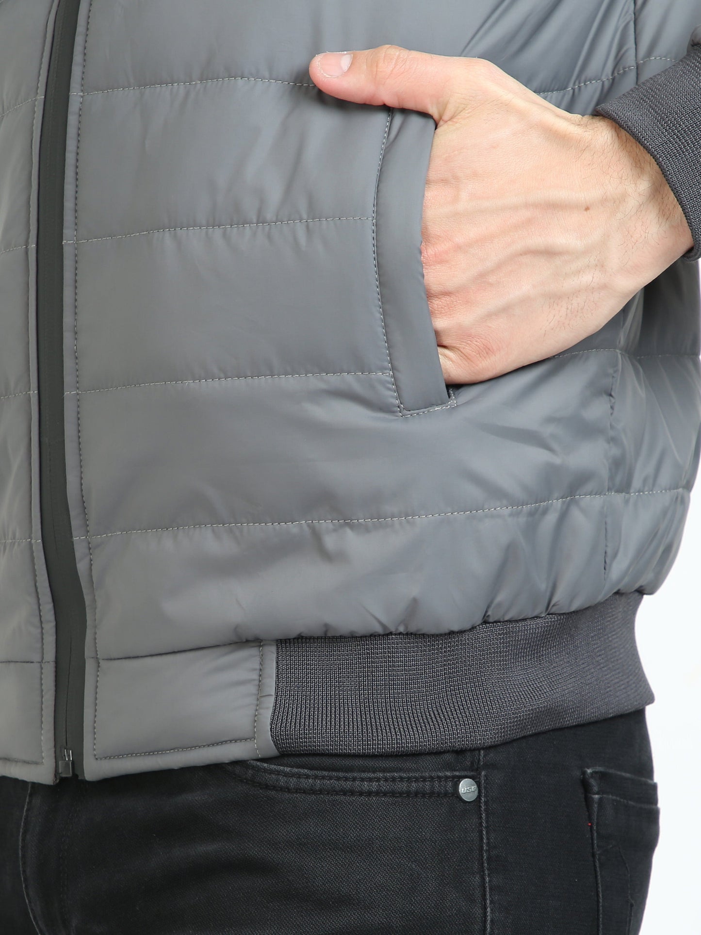 Men Grey Bomber Rib Style Jacket