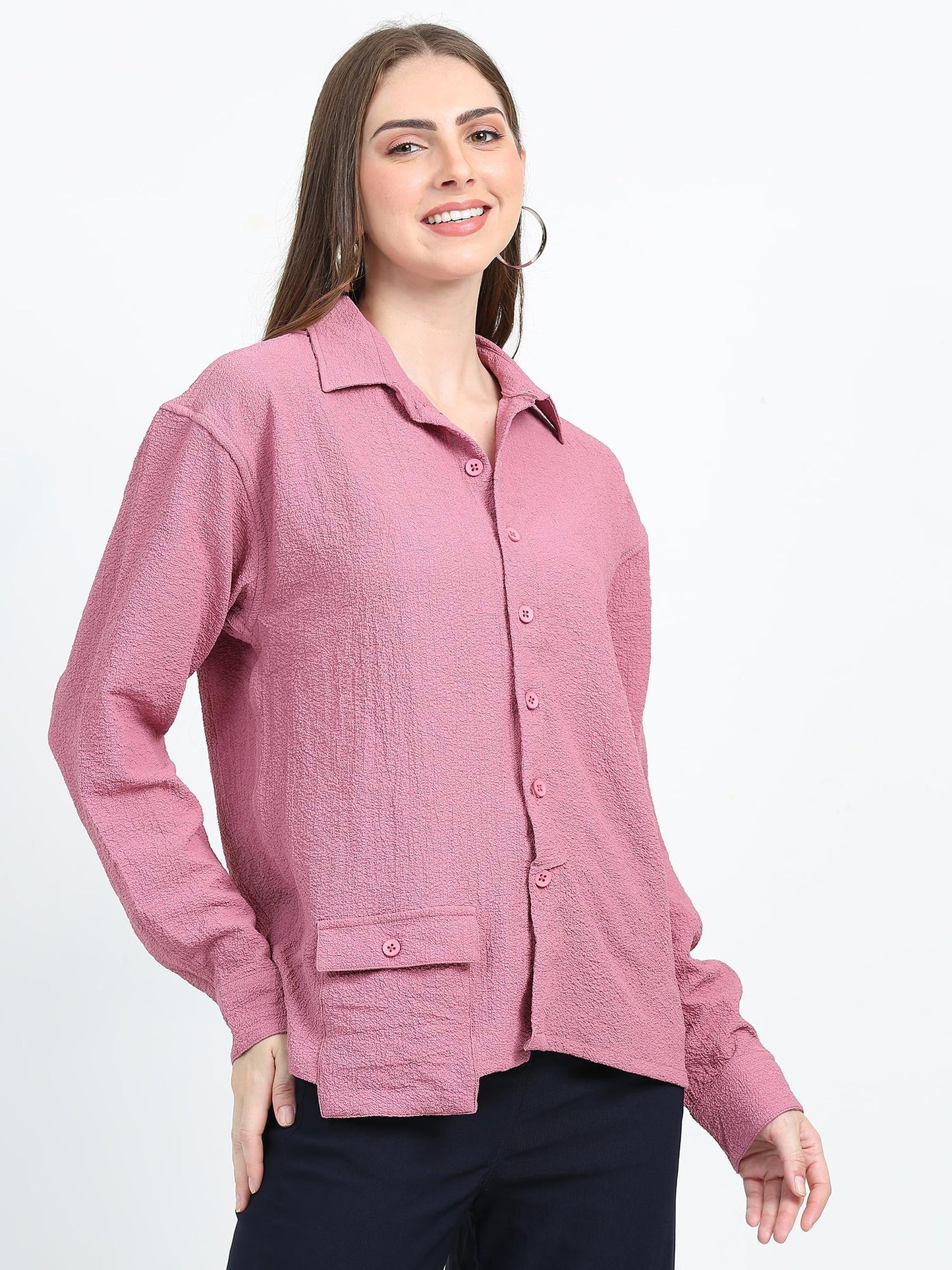 Women Drop pocket Popcorn oversized shirt-Cherry