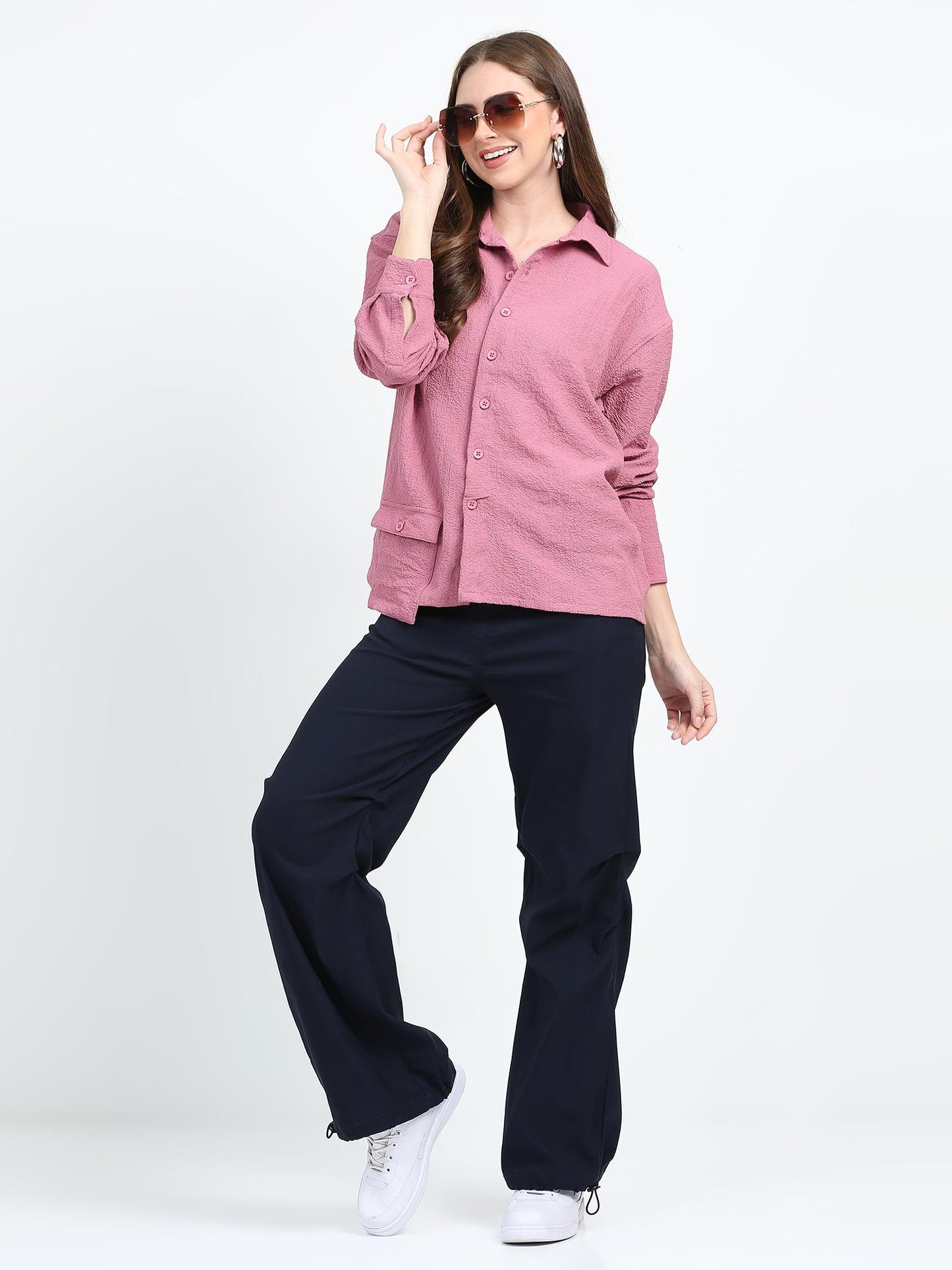 Women Drop pocket Popcorn oversized shirt-Cherry