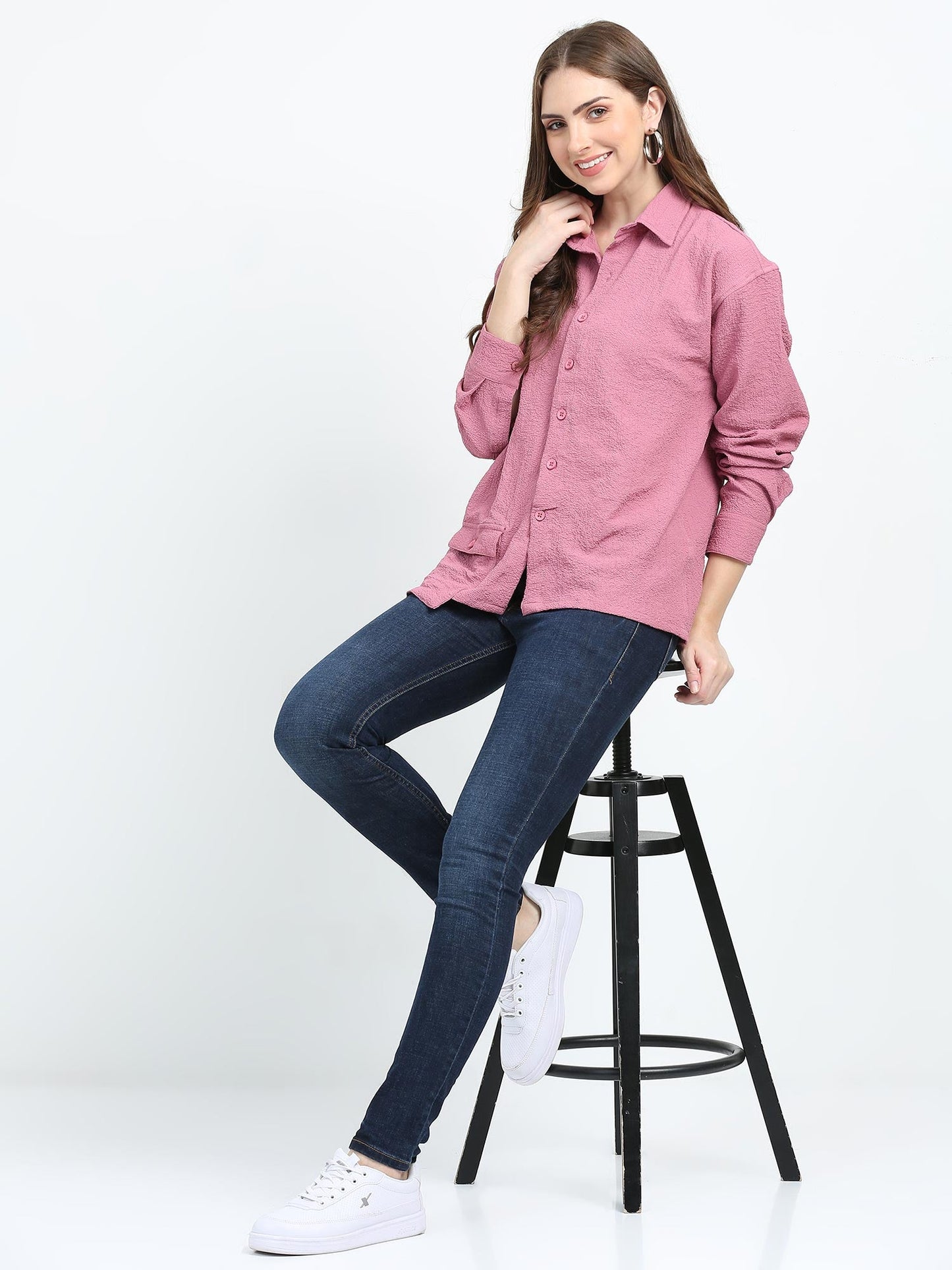 Women Drop pocket Popcorn oversized shirt-Cherry
